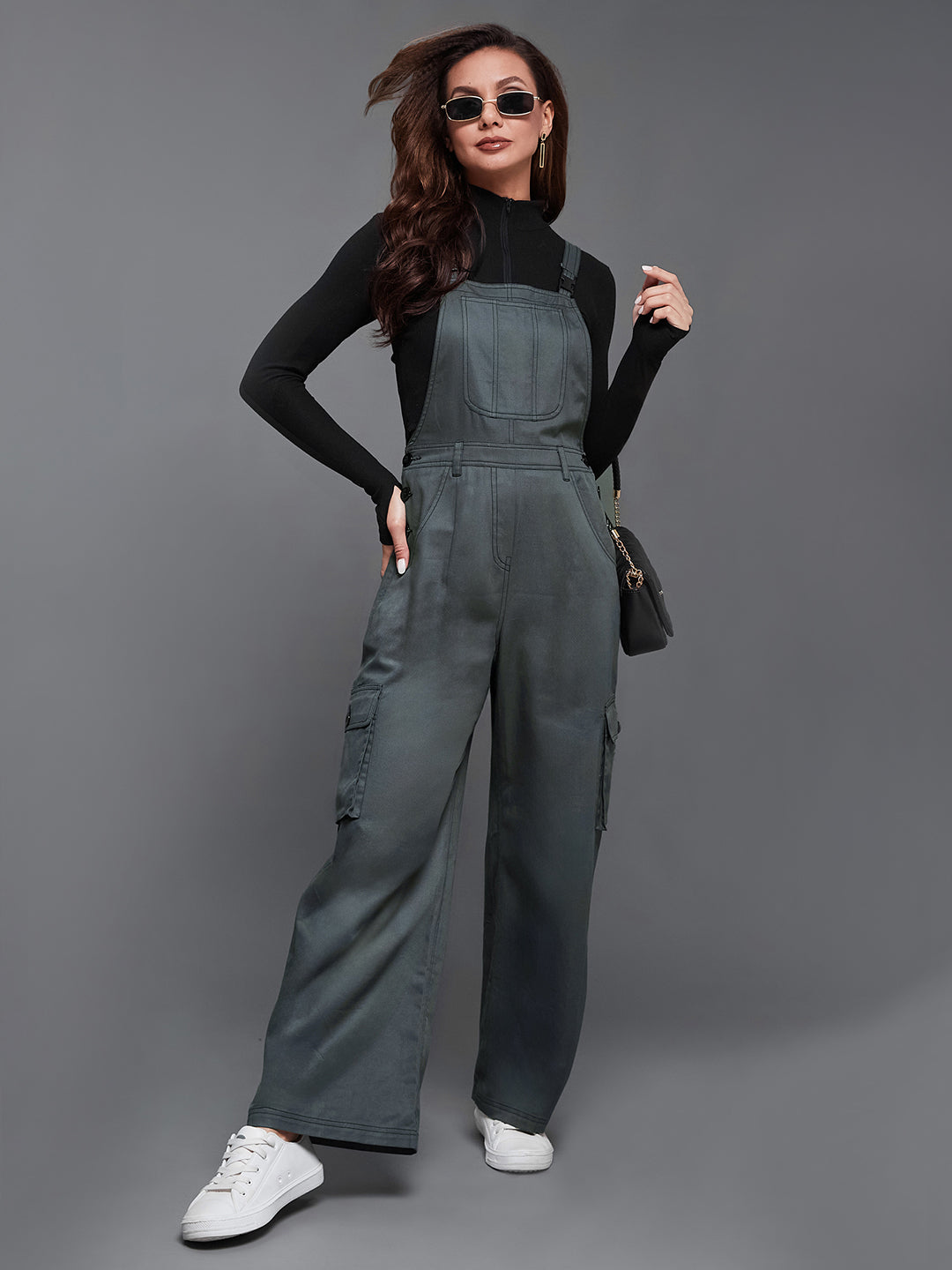 Women's Grey Square Neck Sleeveless Solid Wide-Leg Regular-Length Polyester Dungaree