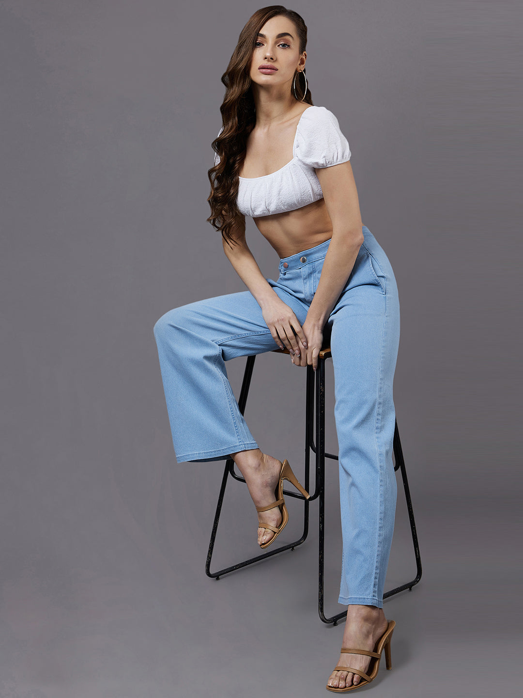 24/7 Comfort Women's Light Blue Wide Leg High Rise Stretchable Denim Jeans