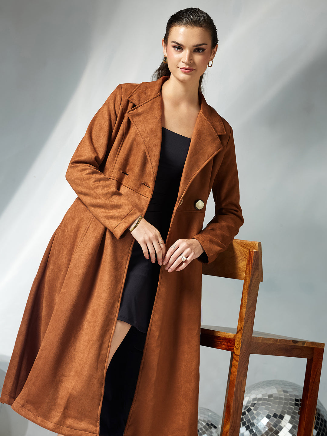 Women's Brown Solid V-Neck Full Sleeves Side Pocketed Polyester Double Breasted Longline Jacket