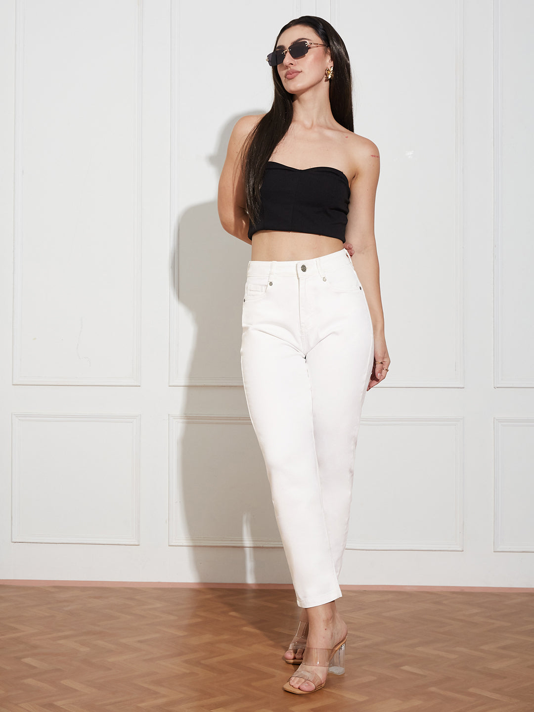 Women's White High Rise Clean Look Regular-Length Stretchable Denim Mom's Jeans