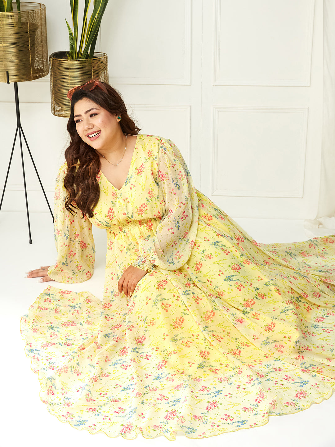 Women's Multicolored-Base-Lime Yellow V-Neck Bishop Sleeve Floral Gathered Chiffon Maxi Dress