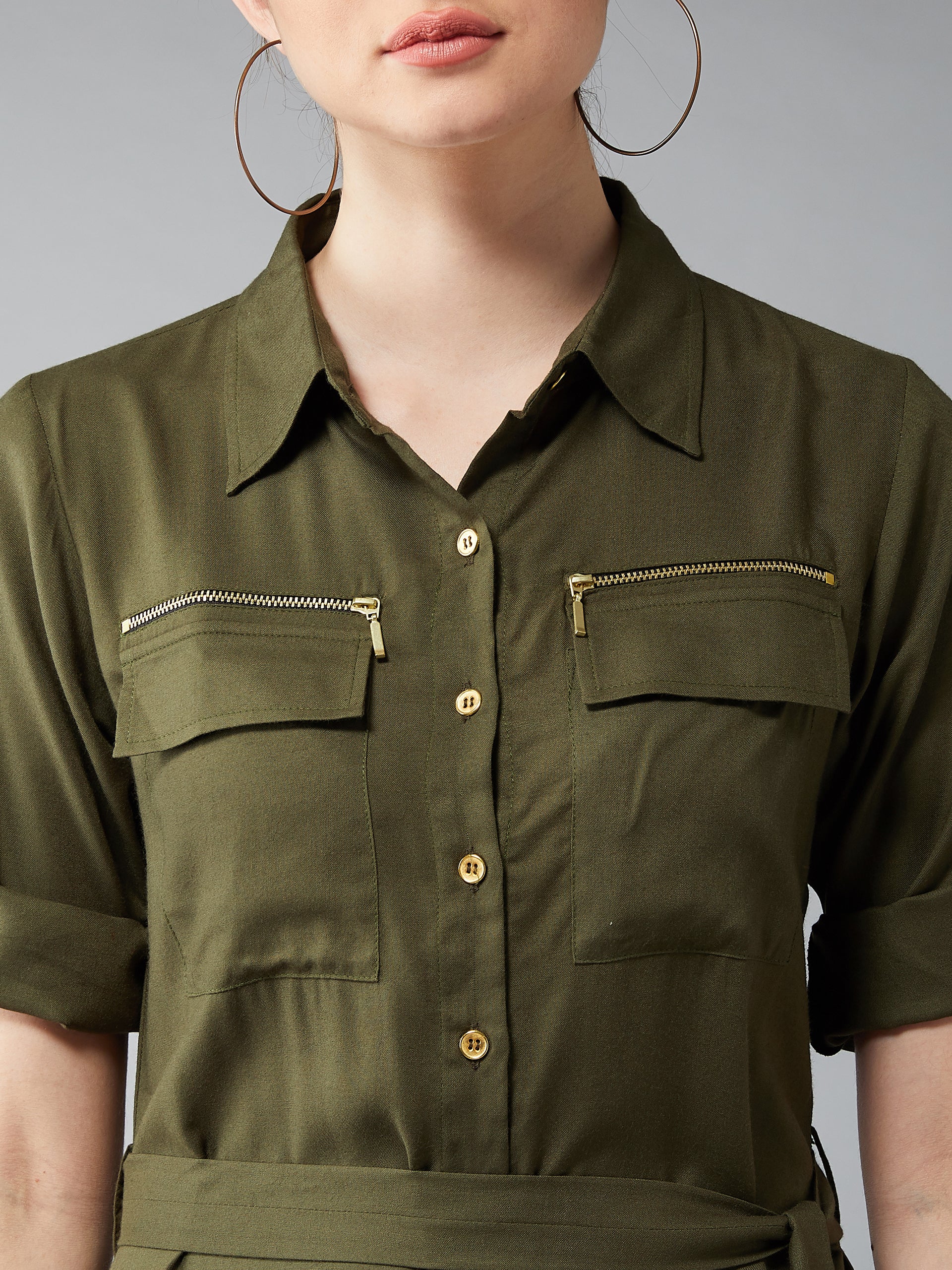 Women's Olive Green Collared Three Quarter Sleeved Solid Knee-Length Shirt Dress