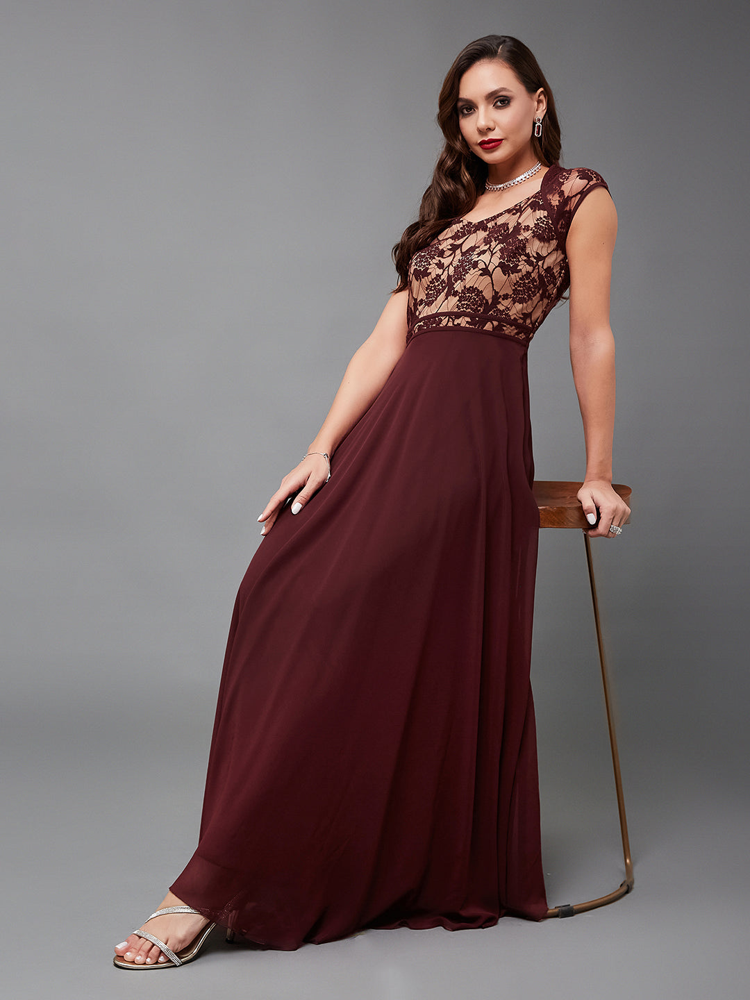 Women's Wine & Beige Short Sleeves Lace Overlaid Fit & Flare Maxi Dress