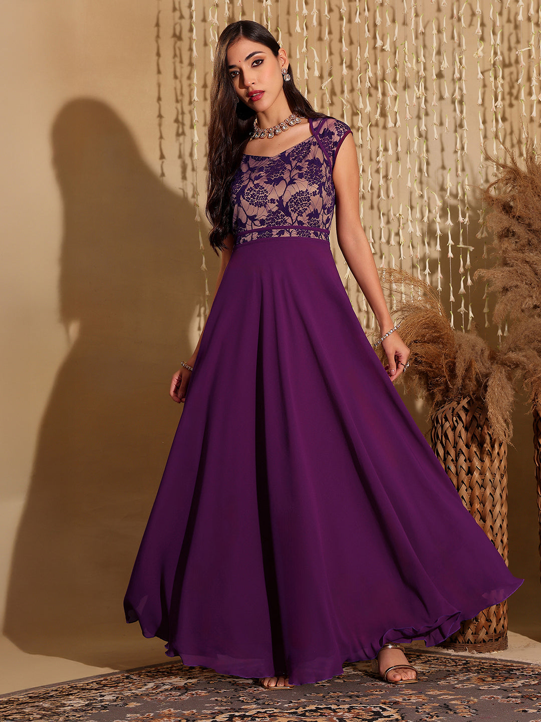 Women's Dark Purple Sweet-Heart Neck Cap-Sleeve Floral Fit & Flare Georgette Maxi Dress