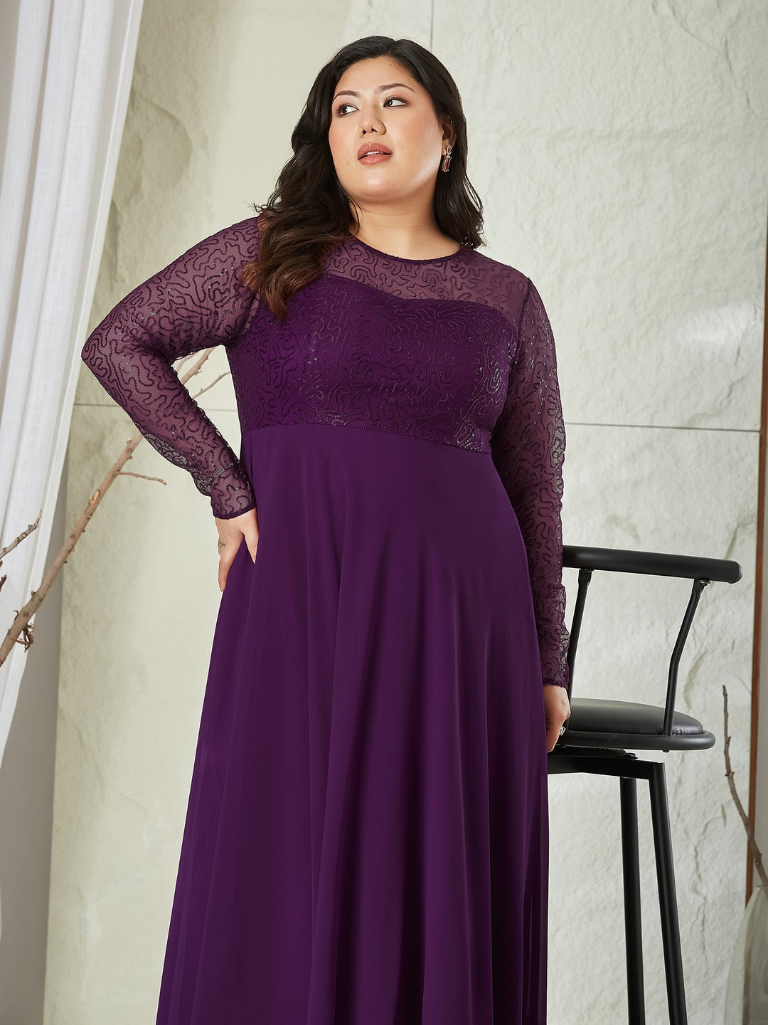 Dark Purple Solid Embellished Maxi Dress for Women