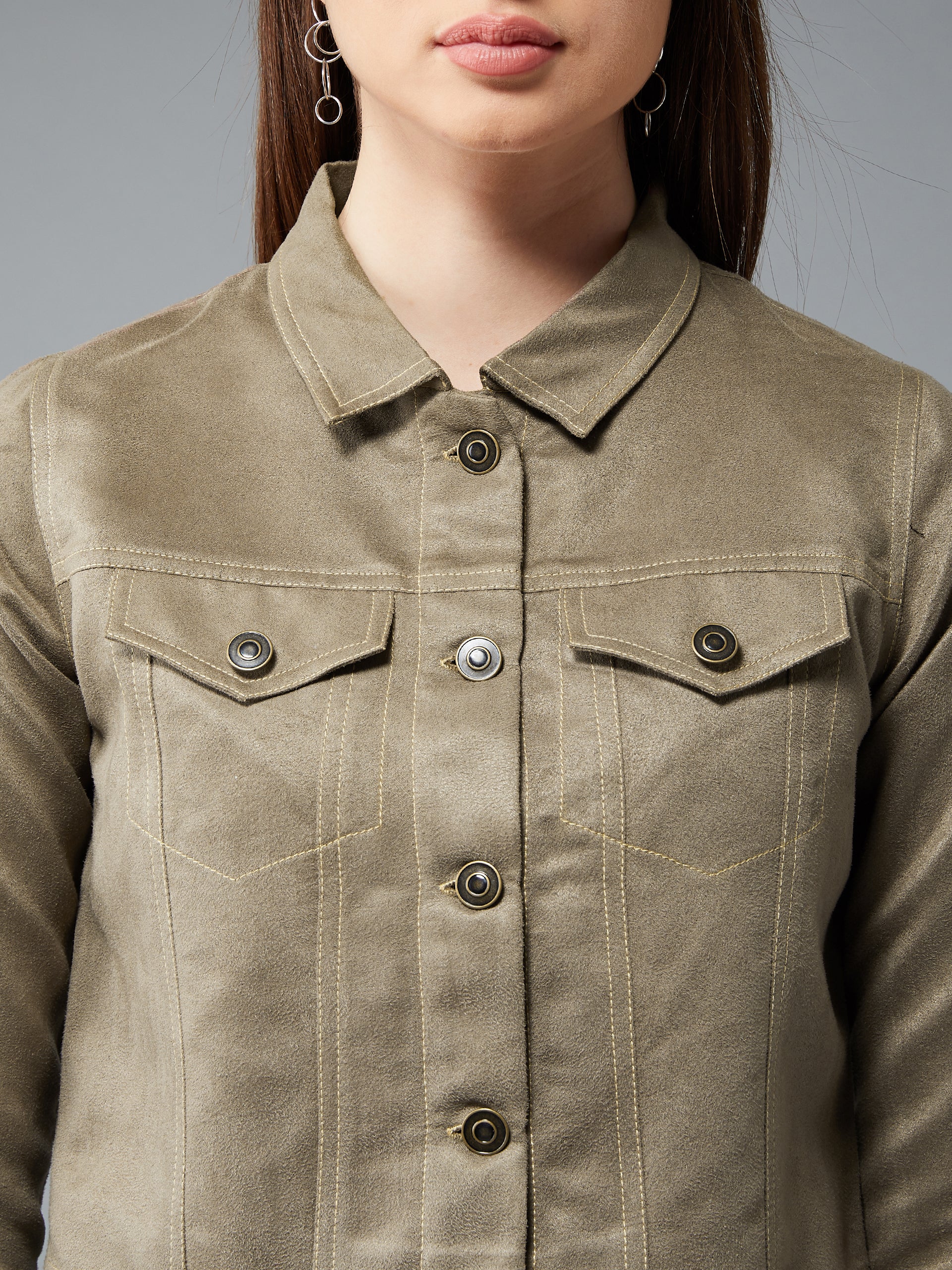 Women's Olive Green Collared Full Sleeves Paneled Cropped Jacket