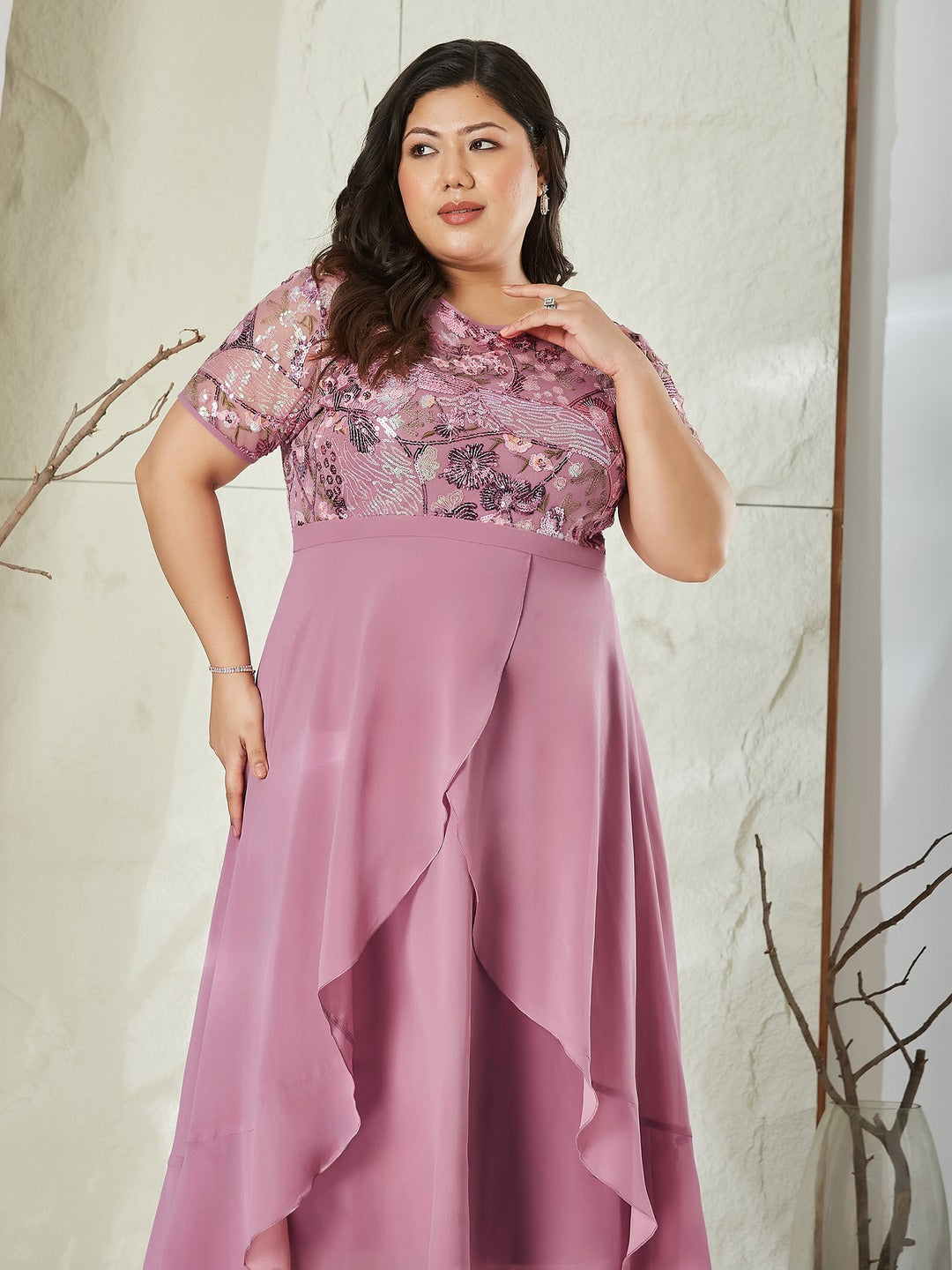Dusty Lavender Round Neck Short Sleeve Floral Layered Georgette Midi Dress for Women