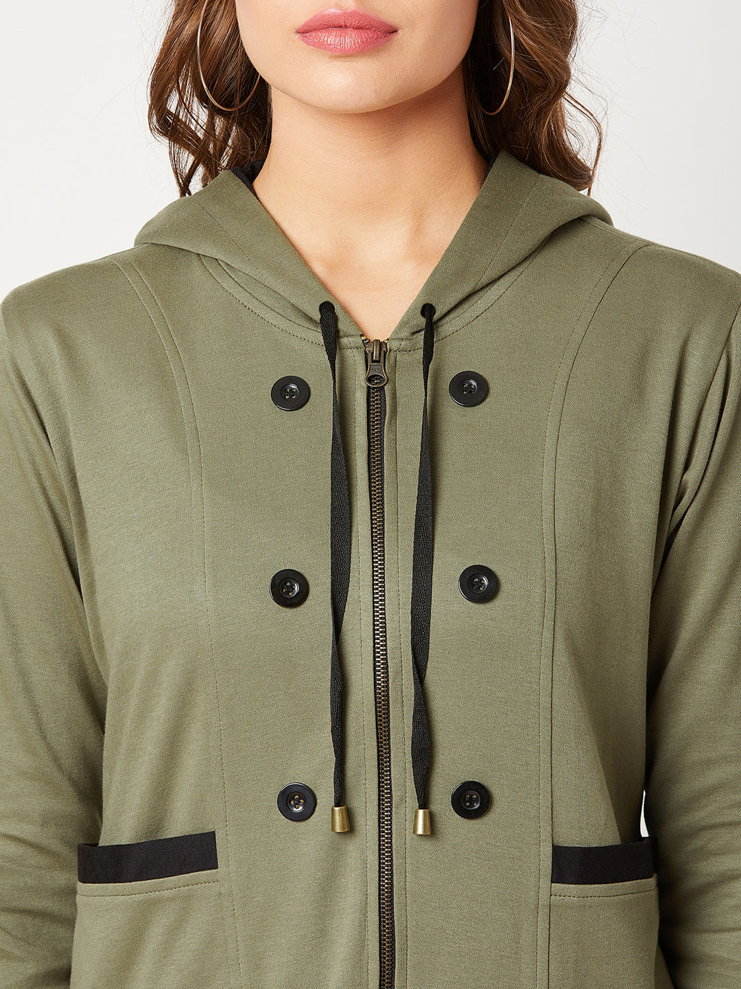 Women's Olive Green Hooded Full Sleeves Solid Drawstring and Eyelet Detailing Regular Length Jacket