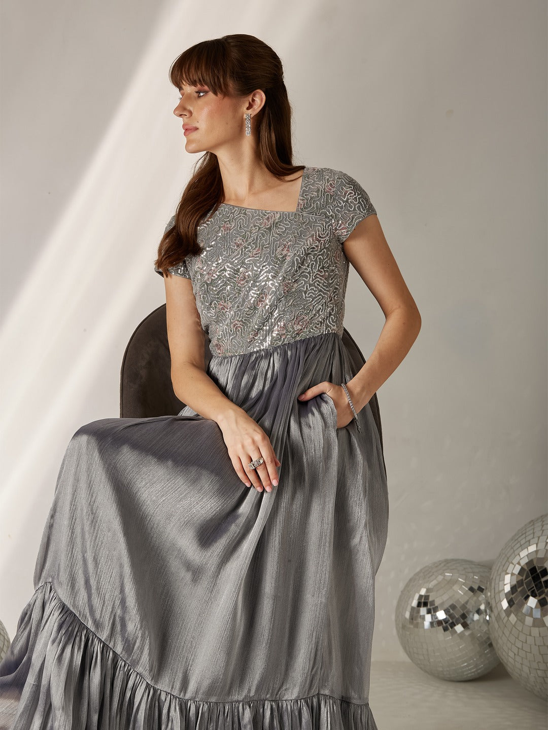 Silver Asymmetric Short Sleeve Embellished Tiered Chiffon Maxi Dress for Women