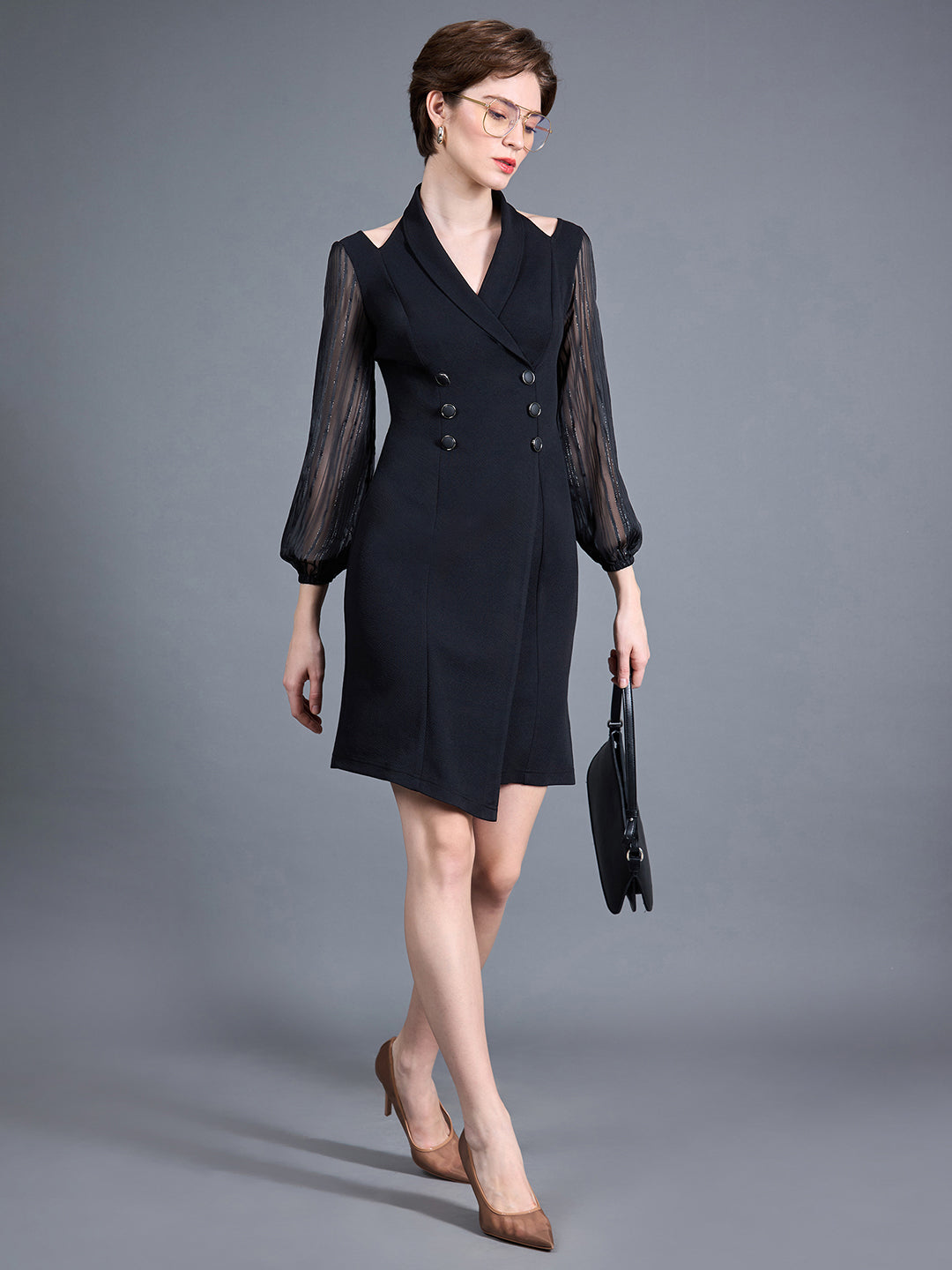 Women's Black Shawl Collar Bishop Sleeves Solid Double Breasted Knee Length Dress