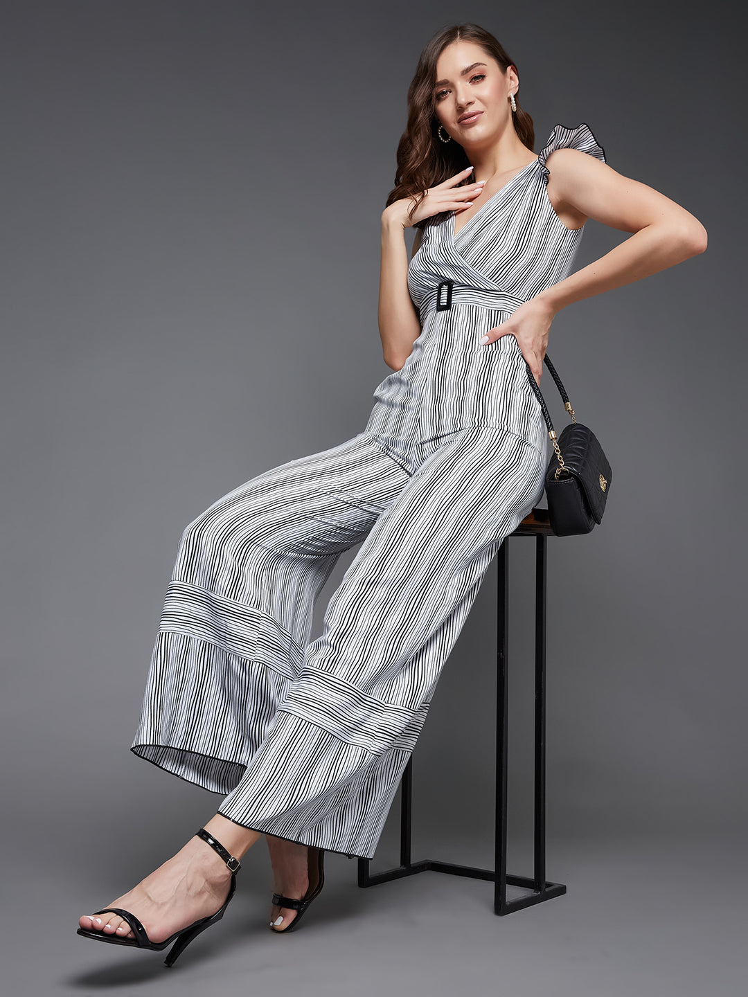 Women's Black and White Striped V-Neck Frill Viscose Rayon Wrap Relaxed Fit Regular Jumpsuit