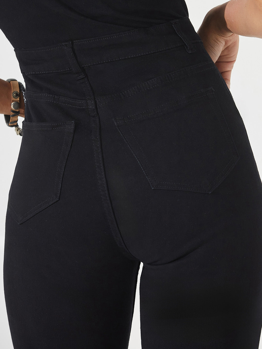 Black Flared High-Rise Stretchable Denim Jumpsuit for Women — Dolce Crudo