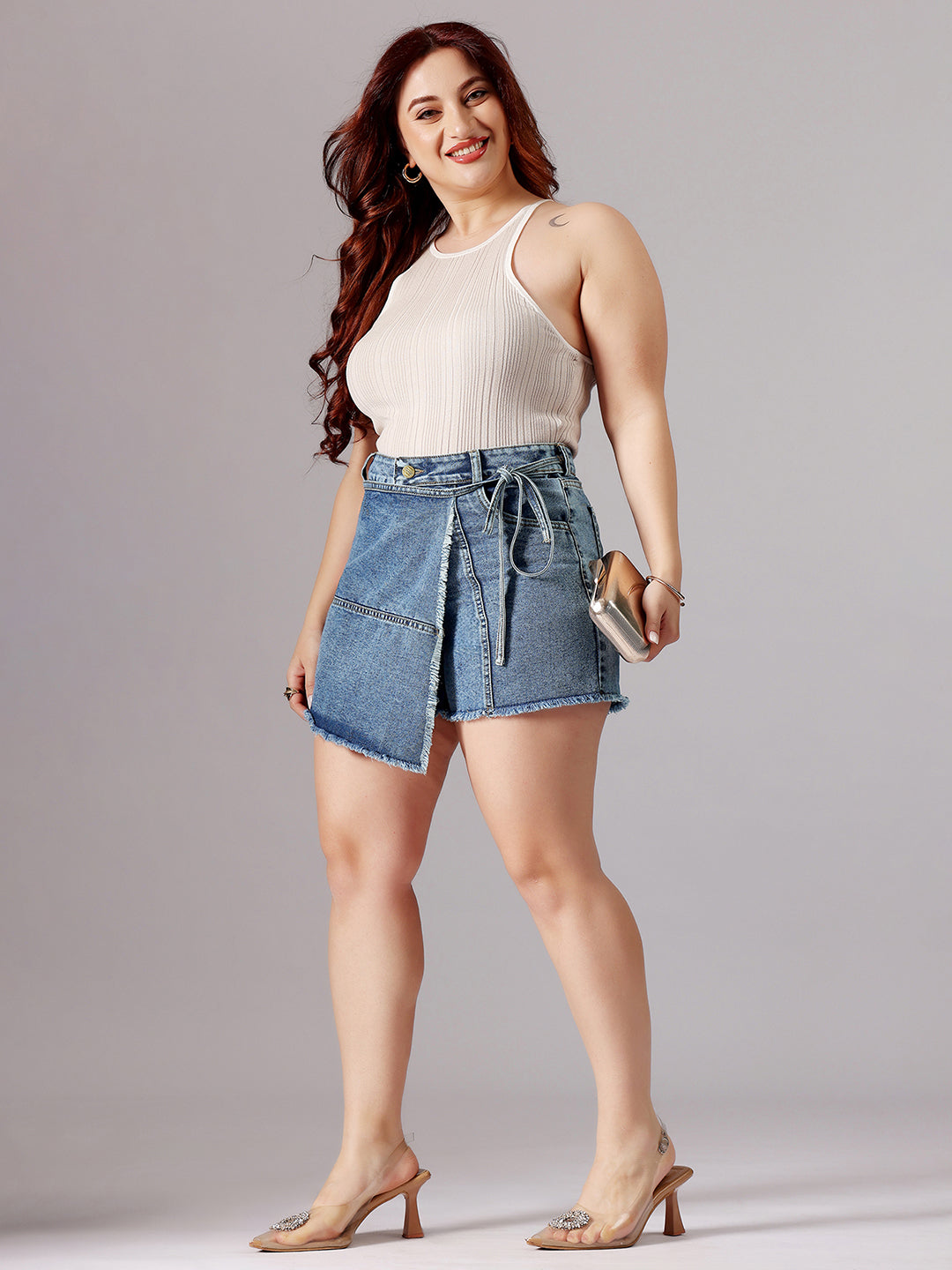 Women's Navy Blue High-Rise Mild-Distress Denim Skorts