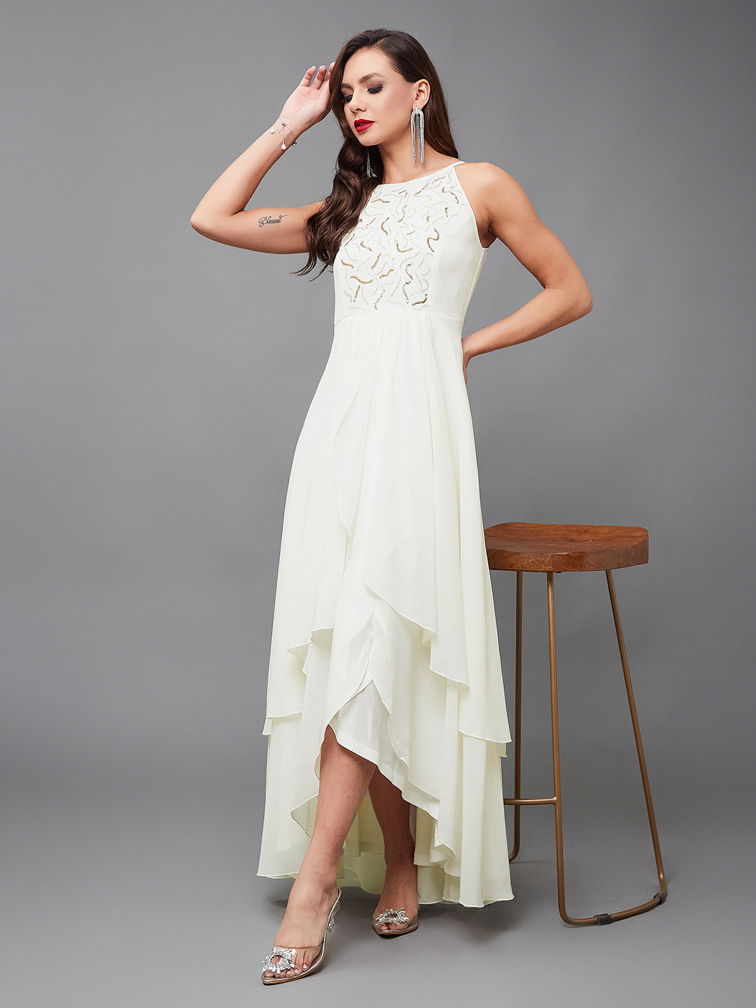 Women's Off White Round Neck Sleeveless Solid Sequined Embroidery Maxi Dress