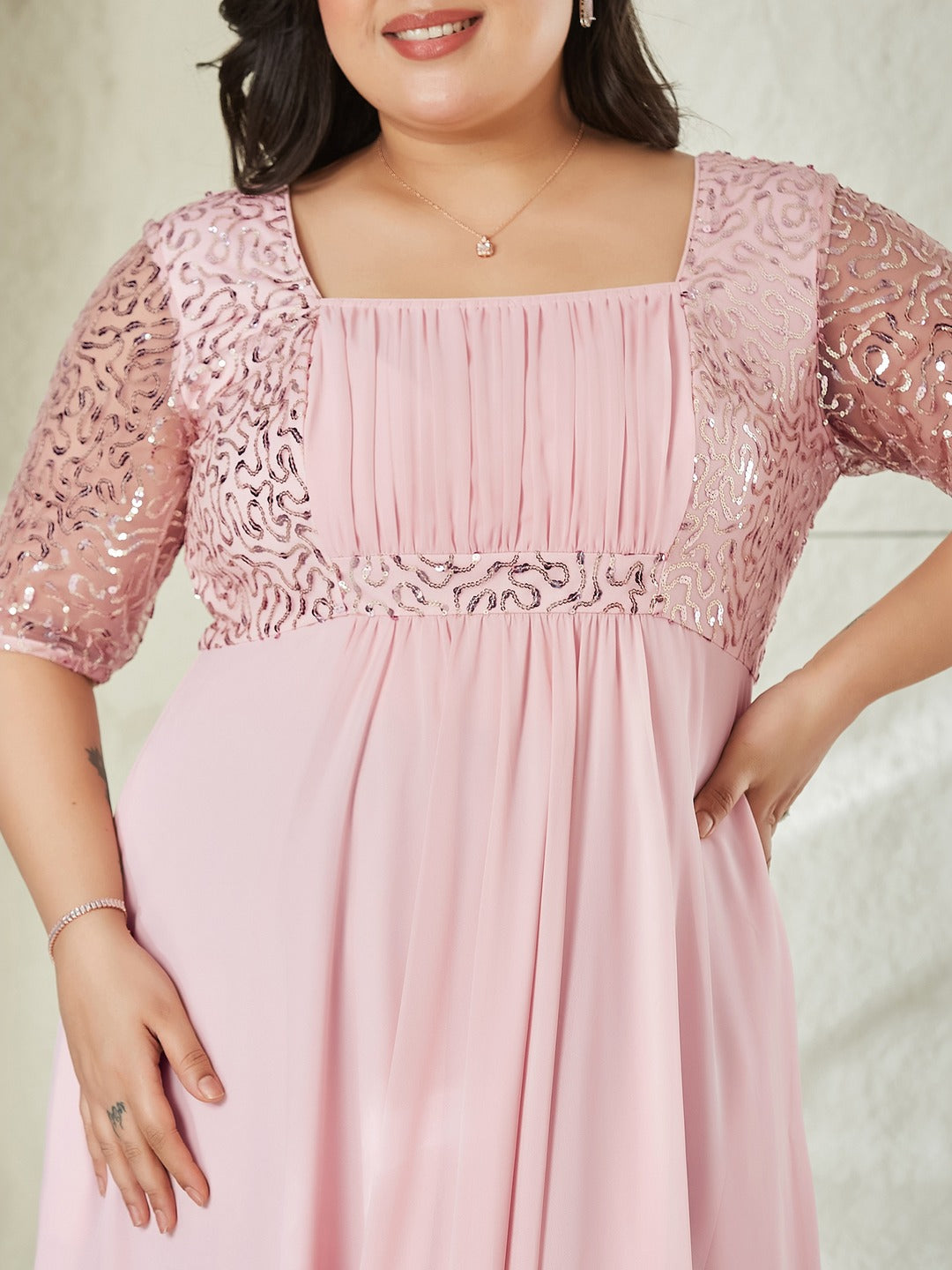 Dusty Pink Square Neck Half Sleeve Solid Embellished Maxi Dress for Women