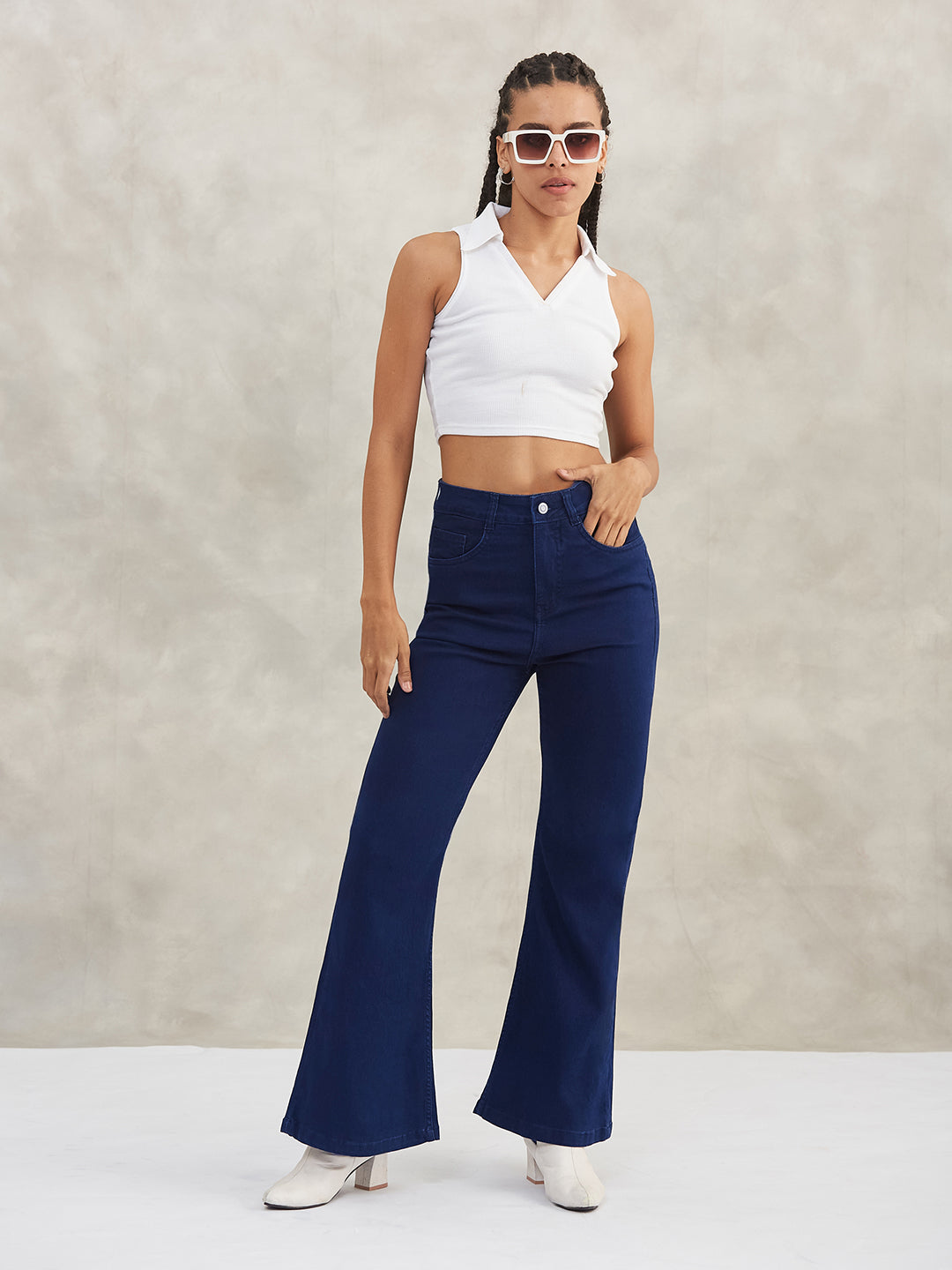 Women's Navy Blue Bootcut High-Rise Stretchable Shaping Denim Jeans