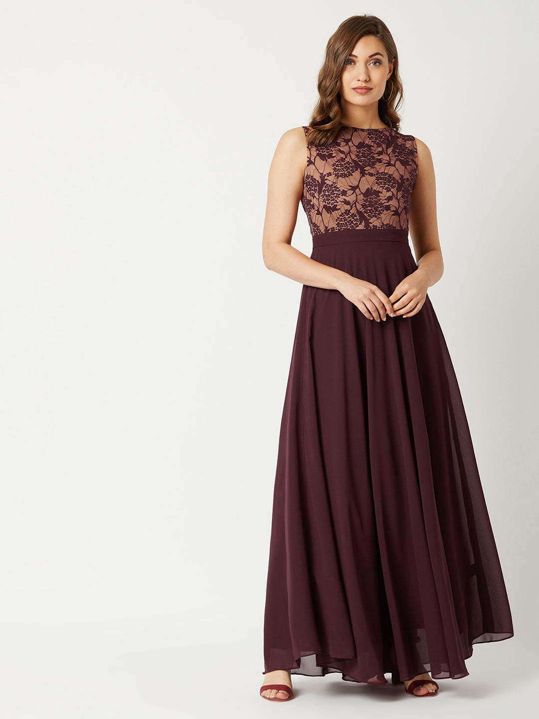 Women's Beige & Wine Round Neck Sleeveless Georgette Floral Lace Fit & Flare Maxi Dress