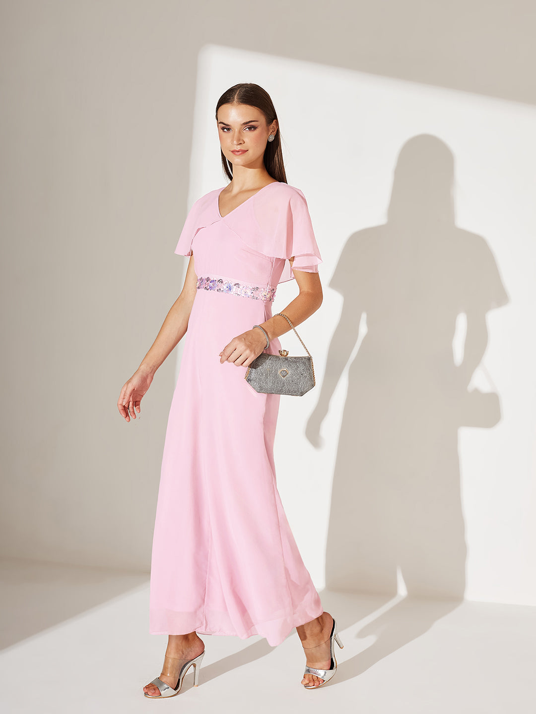 Women's Light Pink Georgette V-Neck Cape Solid Layered Regular Jumpsuit