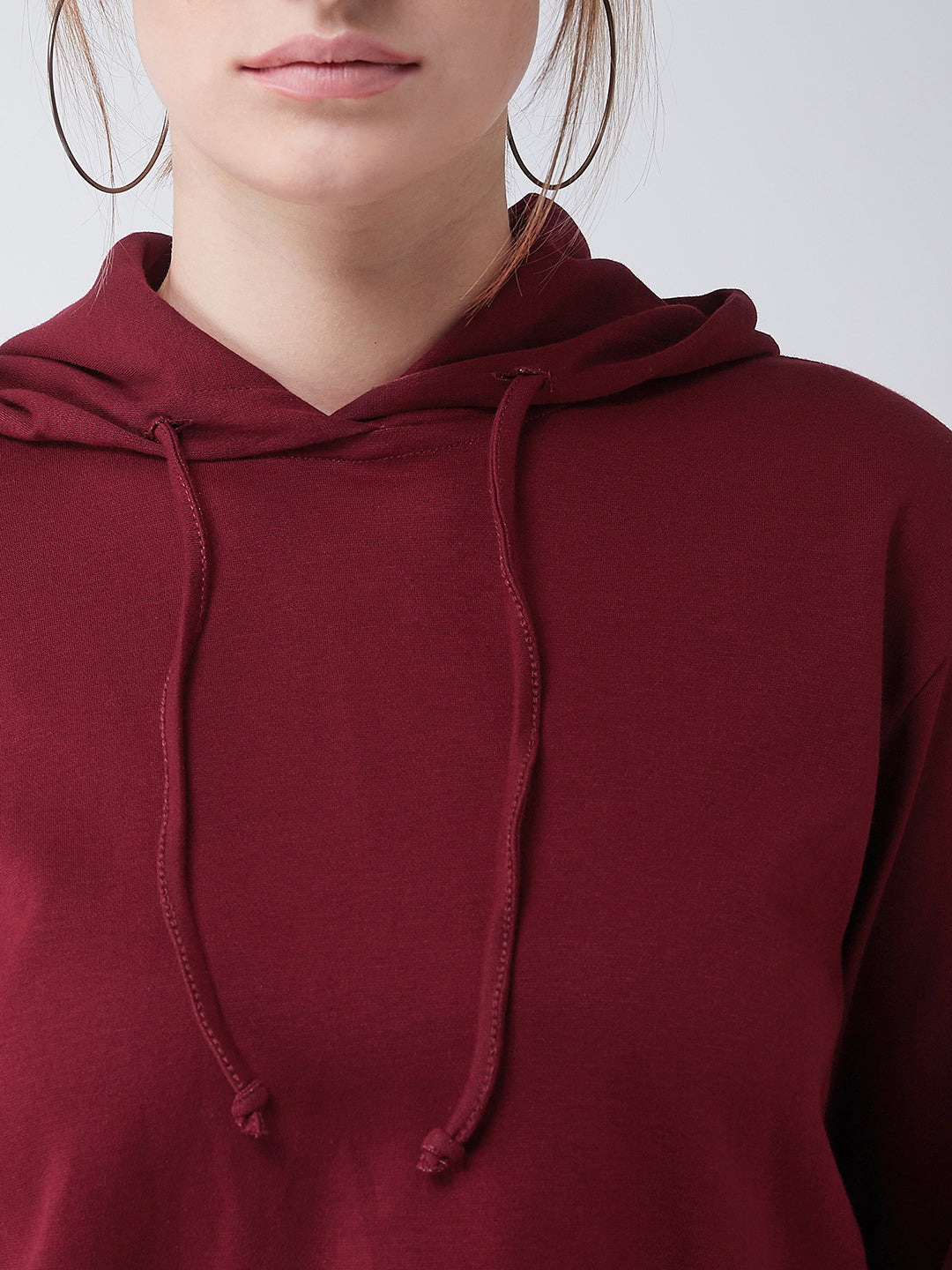 Women's Maroon Solid Round Neck Full Sleeve Hooded Boxy Crop Sweatshirt