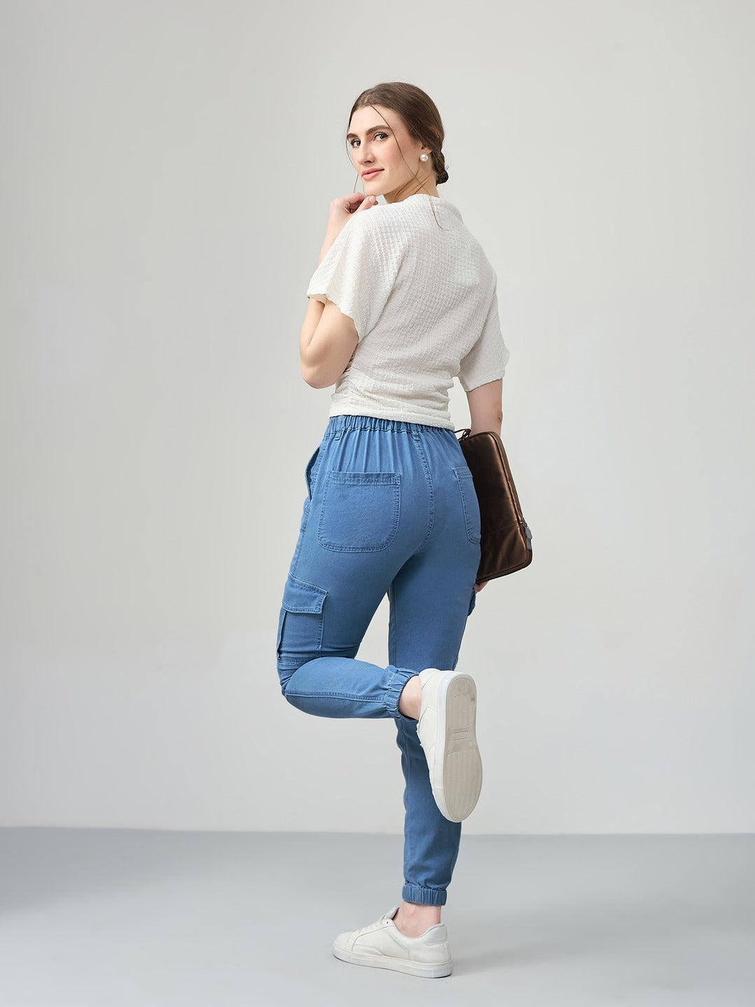 Light Blue Regular high-rise Regular Stretchable Light Weight Denim joggers for Women