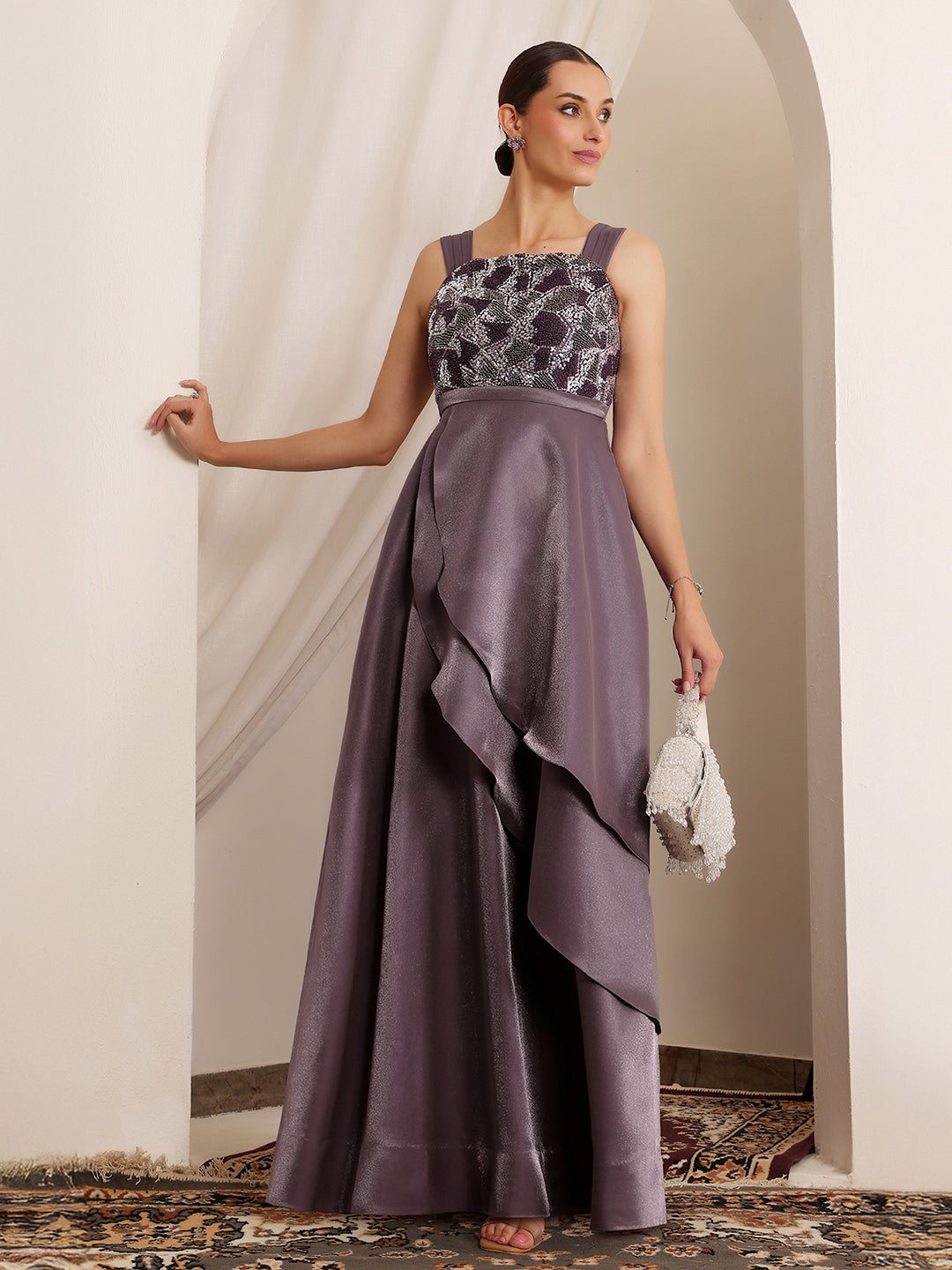 Women's Dusty Purple Square Neck Sleeveless Embellished Layered Satin Maxi Dress