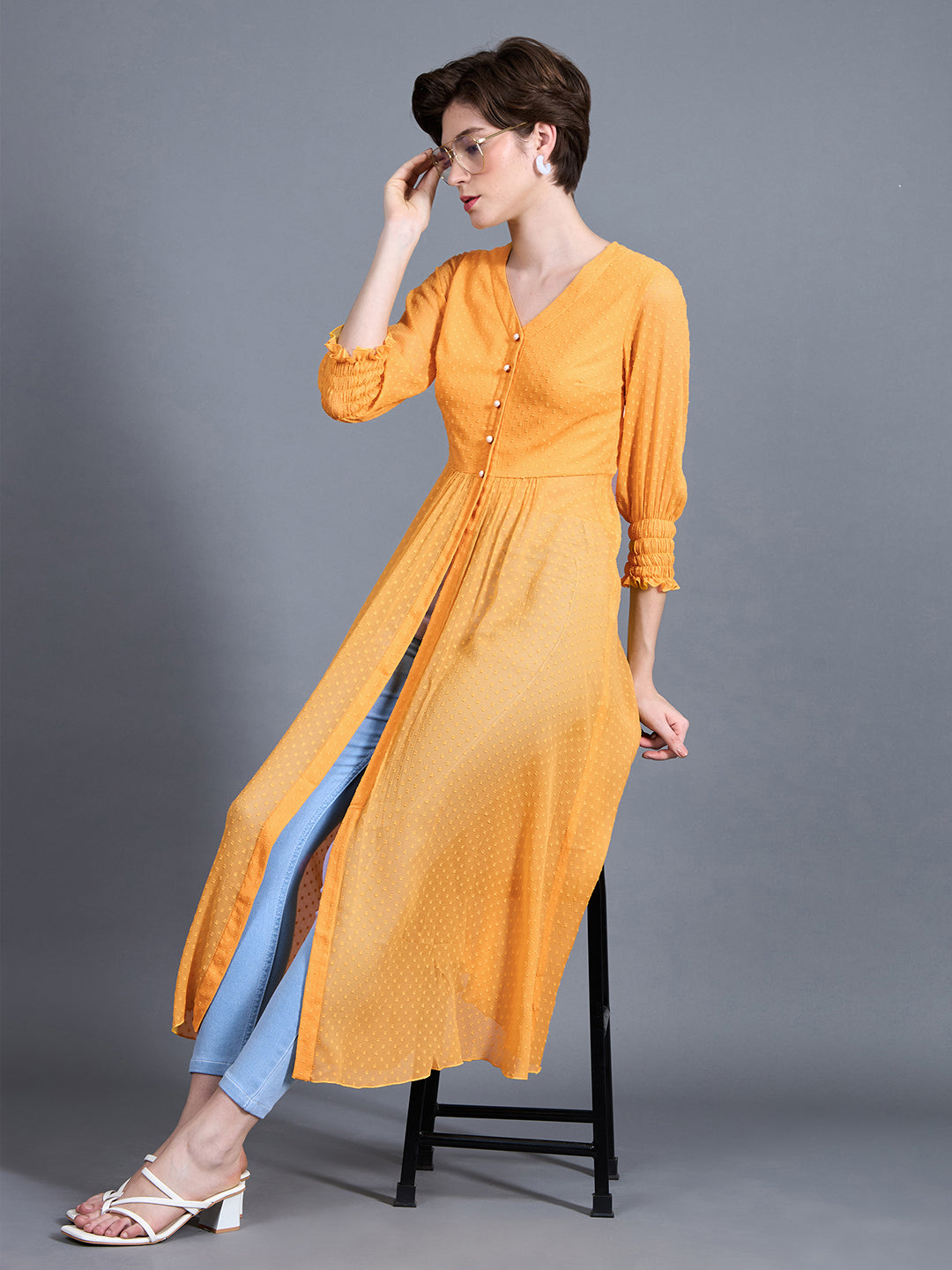 Women's Mustard Yellow V-Neck 3/4 Sleeves solid empire Maxi Top