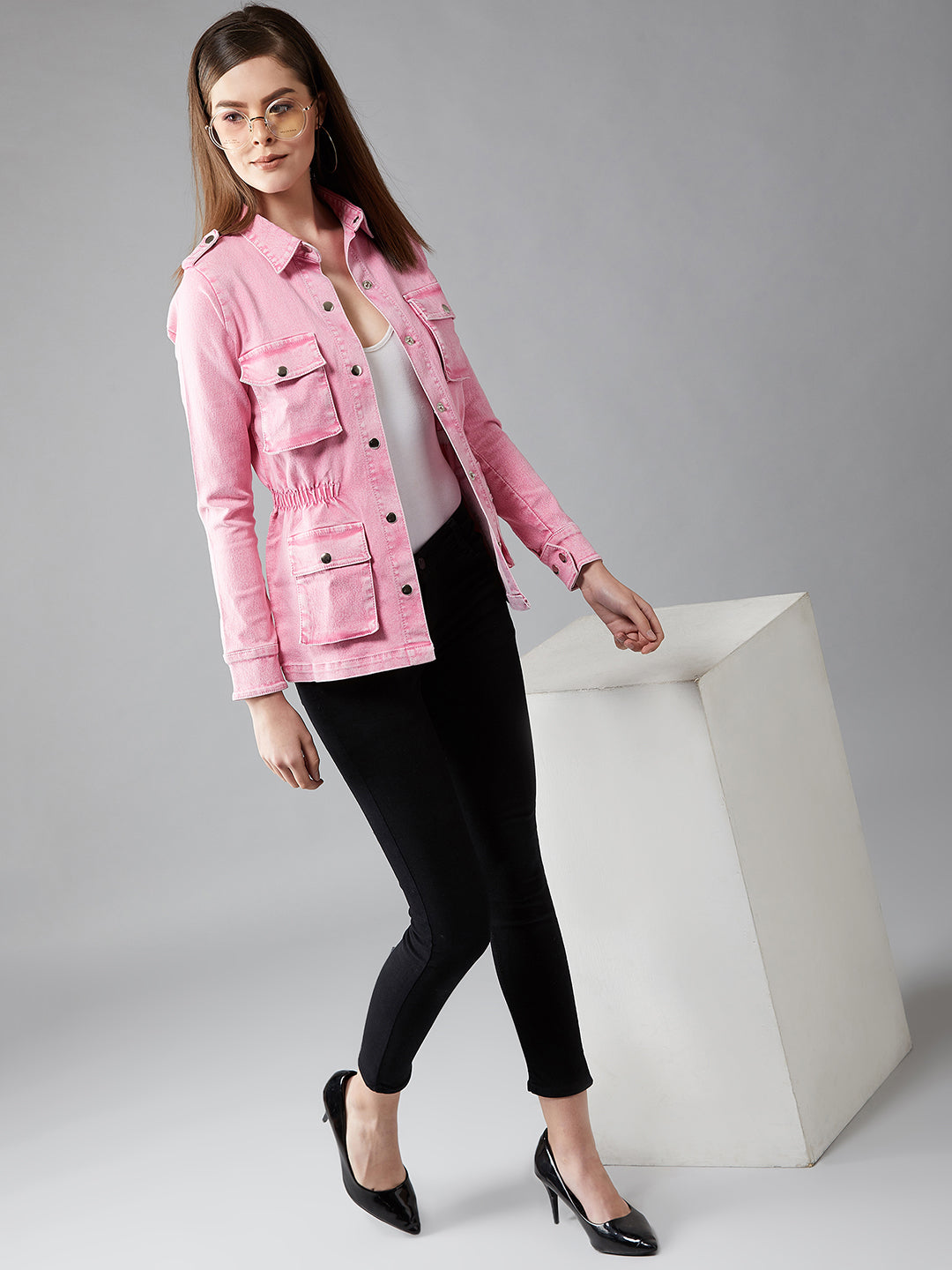 Women's Pink Polo Neck Full Sleeves Denim Solid Regular Length Jacket