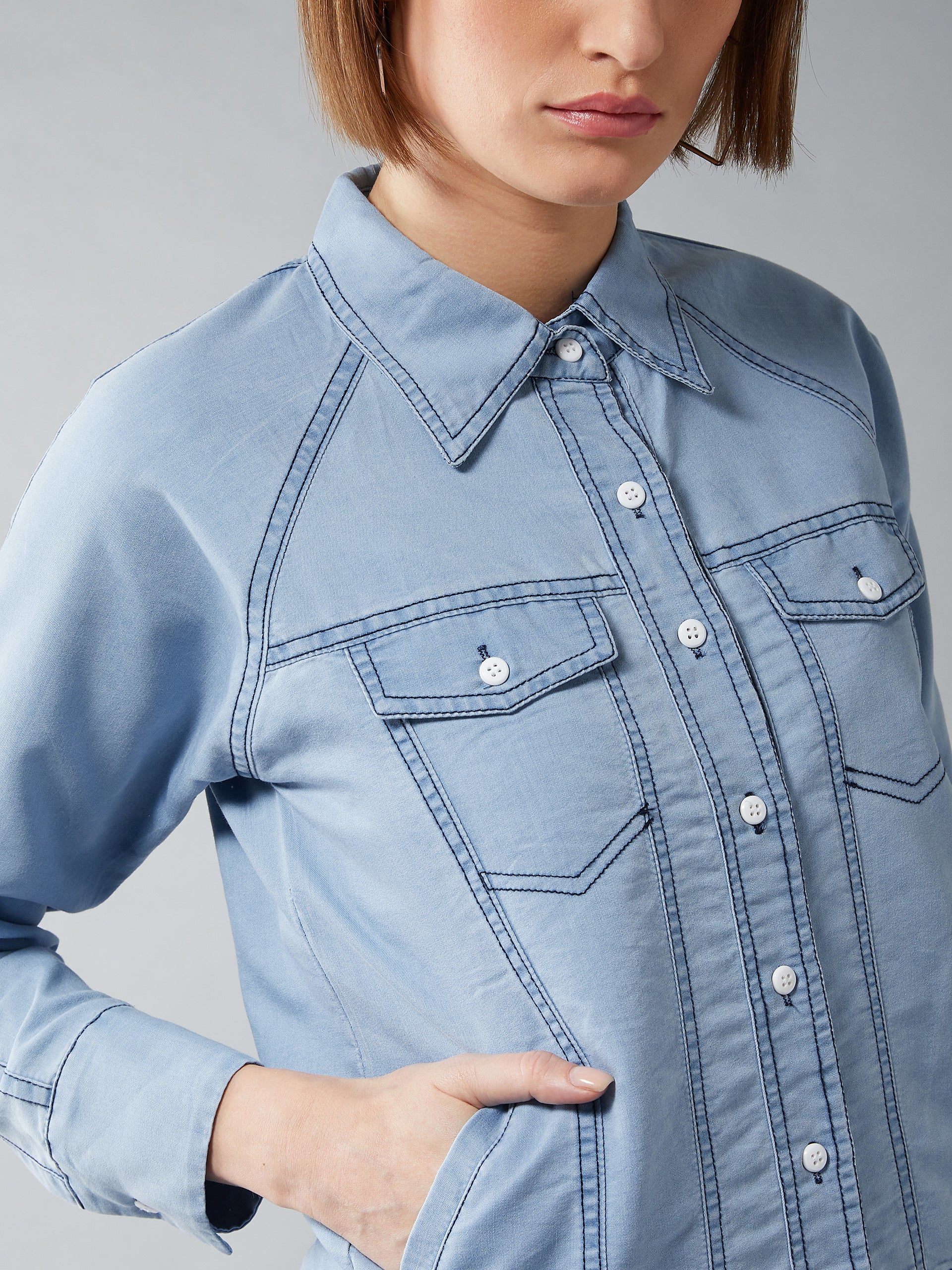 Women's Light Blue Polo Neck Full Sleeves Flap Detailing Denim Solid Regular Length Bomber Jacket