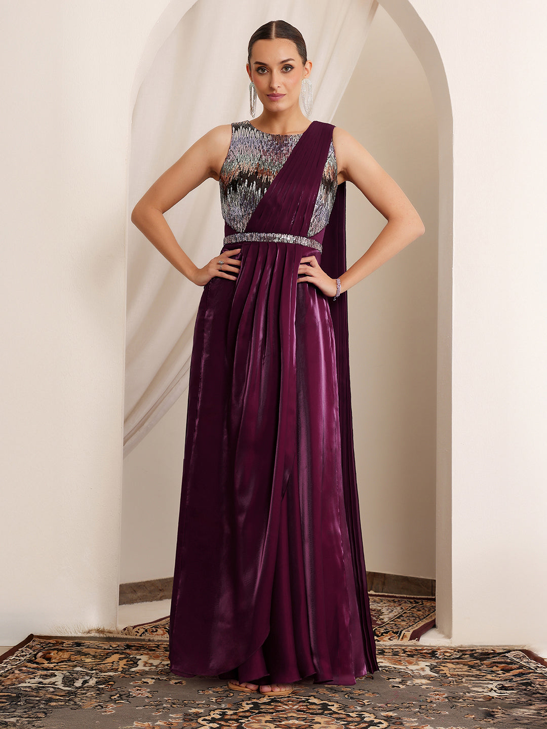 Women's Dark Purple Round Neck Sleeveless Embellished Layered Satin Maxi Dress