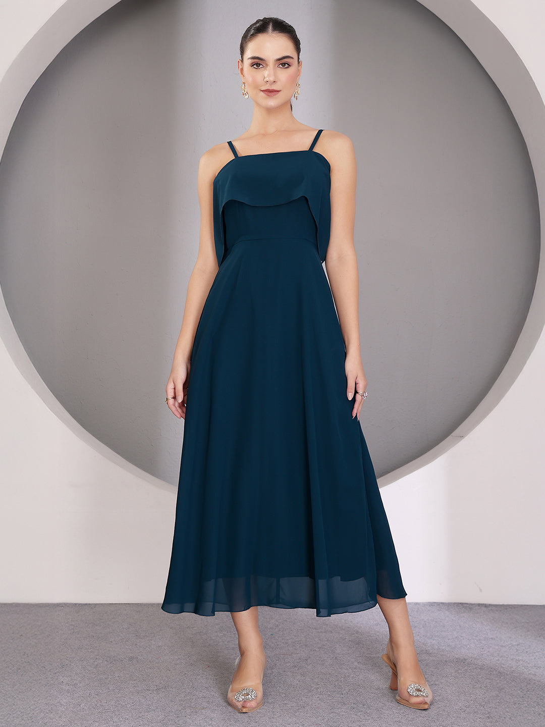 Women's Teal Bardot Style Sleeveless Spaghetti Strap Solid Off Shoulder Midi Skater Dress