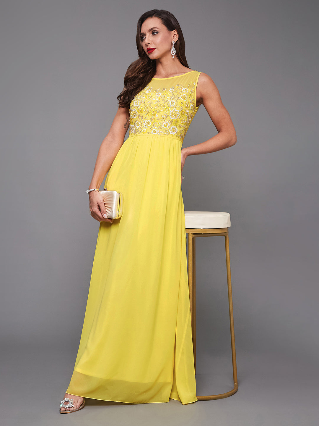 Women's Light Yellow Boat Neck Sleeveless Embroidered Georgette Gathered Maxi Dress