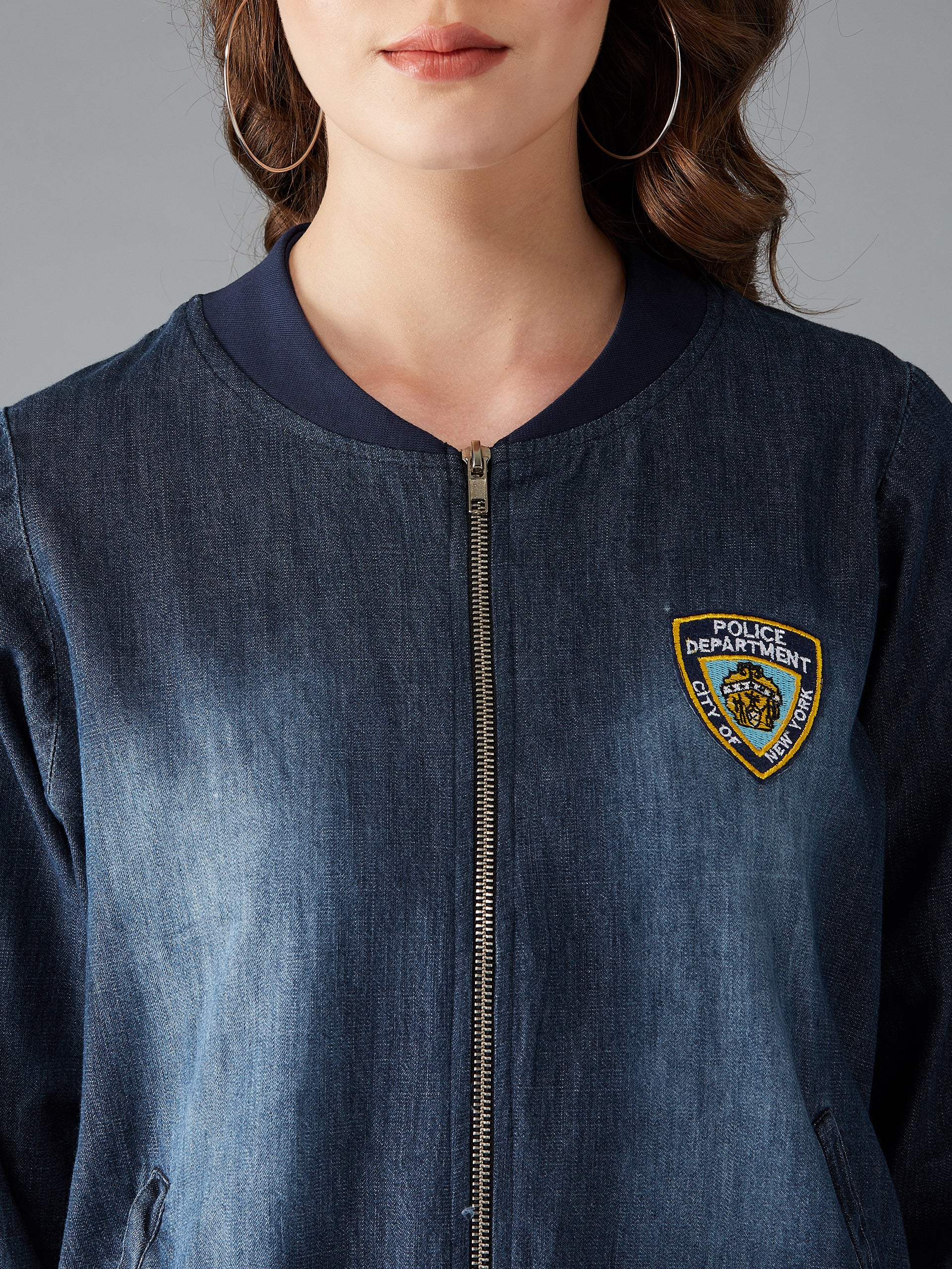 Women's Navy Blue V-Neck Full Sleeve Solid Embroidered Detail Patched Denim Bomber Jacket