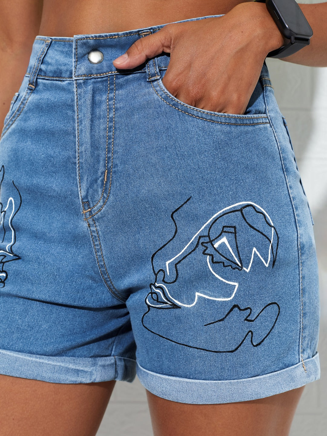 Hand-Painted Light Blue Shirt Collar Full-Sleeves Denim Jacket for Women
