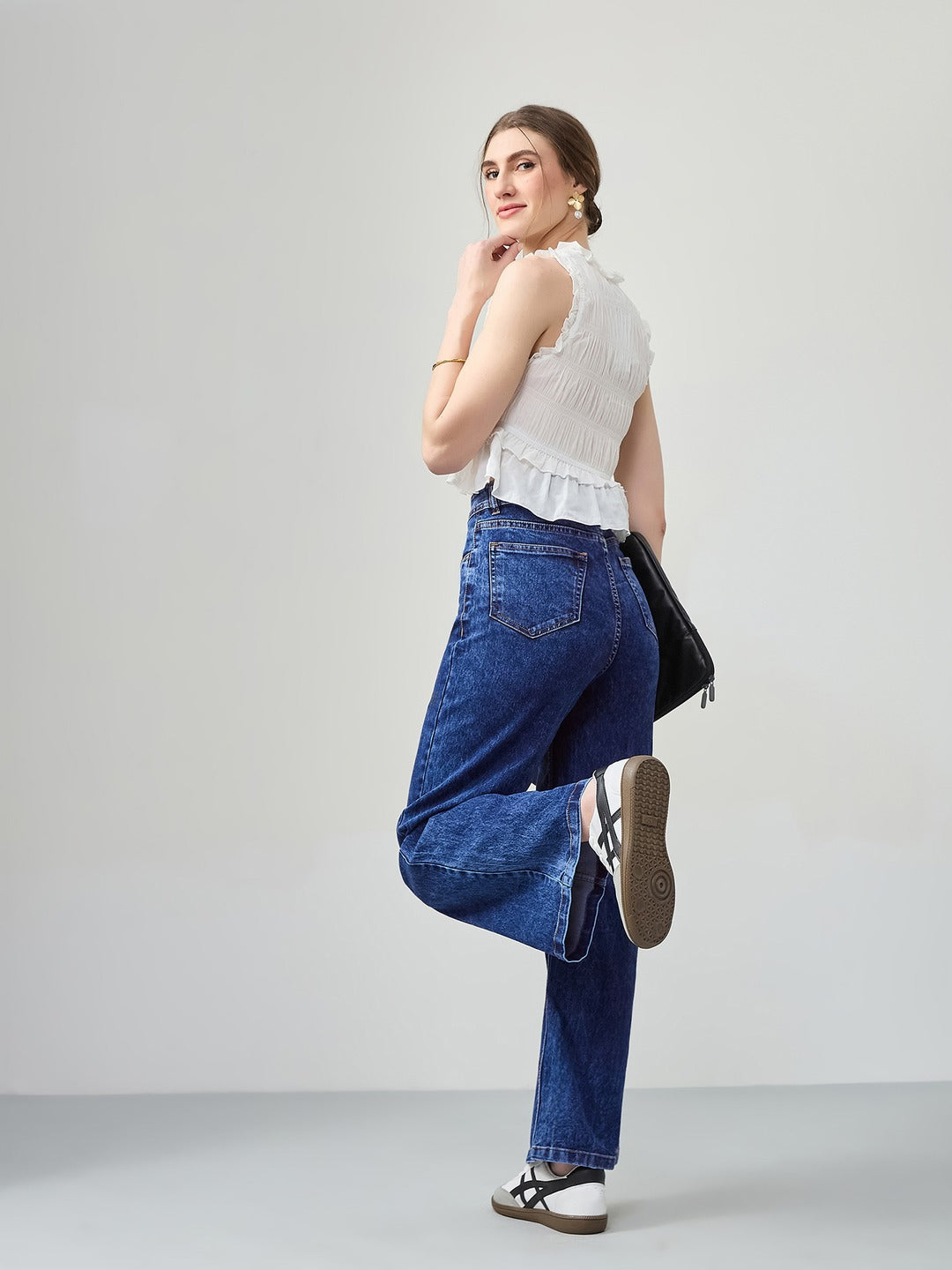 Mid Blue Wide-Leg High-Rise Stretchable Denim Jeans for Women
