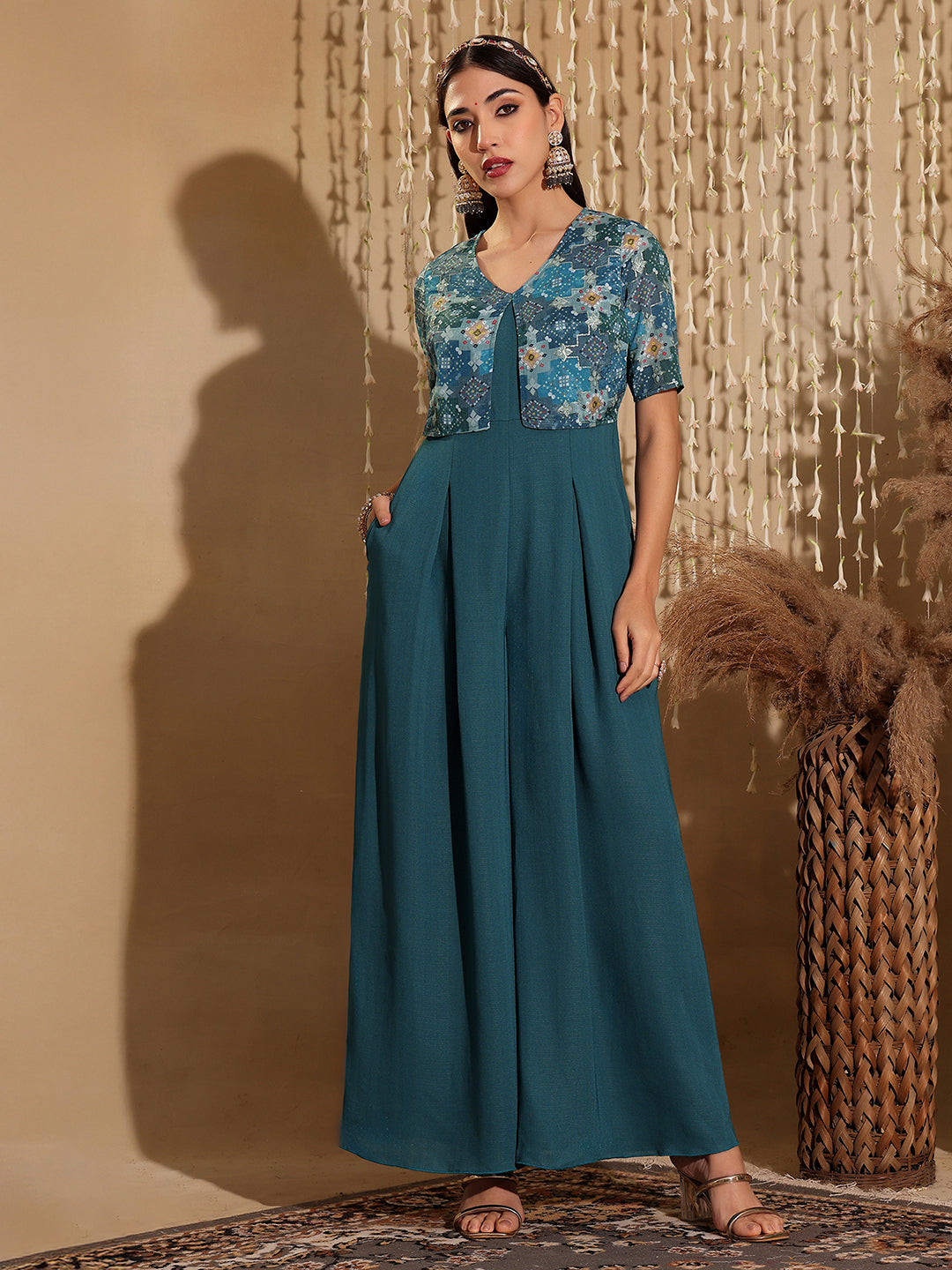 Women's Dusty Turquoise V Neck Half Sleeve Pleated Polyester Regular-Length Solid Jumpsuit