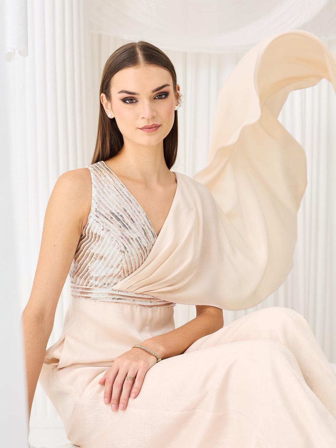 Ivory V-Neck Jumpsuit in Embellished Pleated Luxe Satin for Women