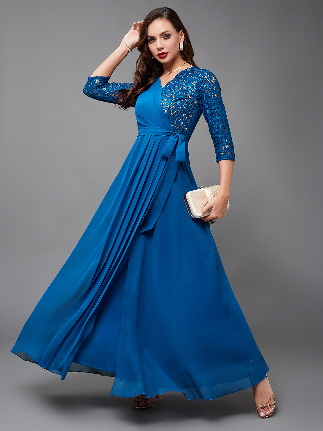 Women's Royal Blue V-Neck 3/4 Sleeve Self-Designed Wrap-Styled Georgette Maxi Dress