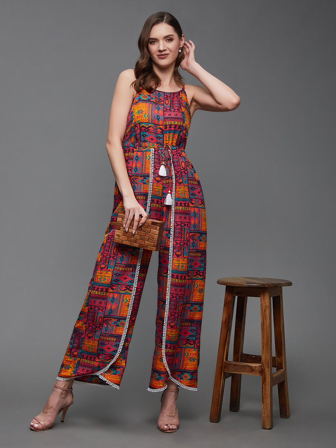 Women's Multicolored Square Neck Sleeveless Abstract Overlapped Regular-Length Rayon Jumpsuit