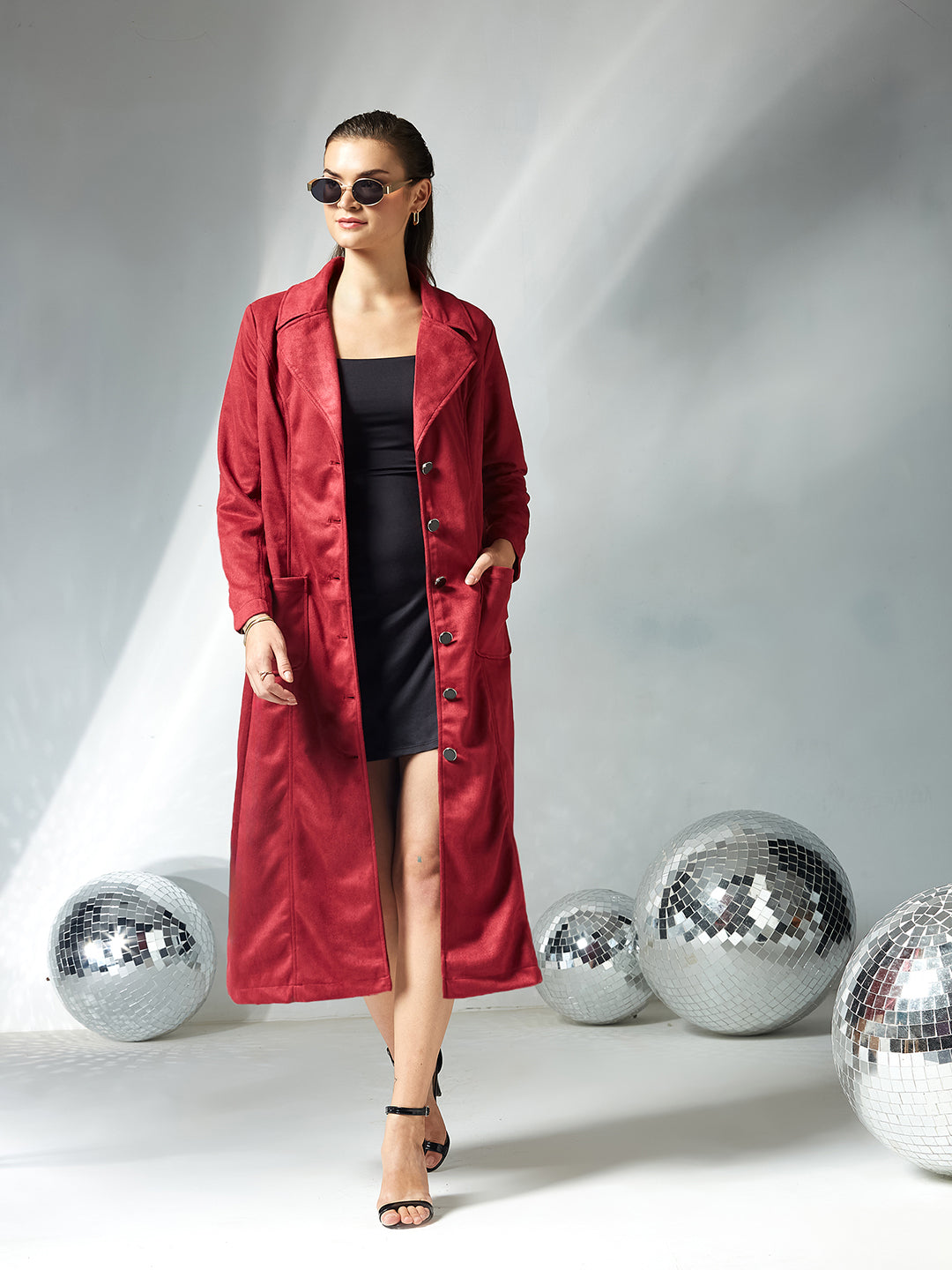 Women's Dark Red Solid V-Neck Full Sleeves Patched Pocketed Polyester Button Down Longline Winter Wear Jacket