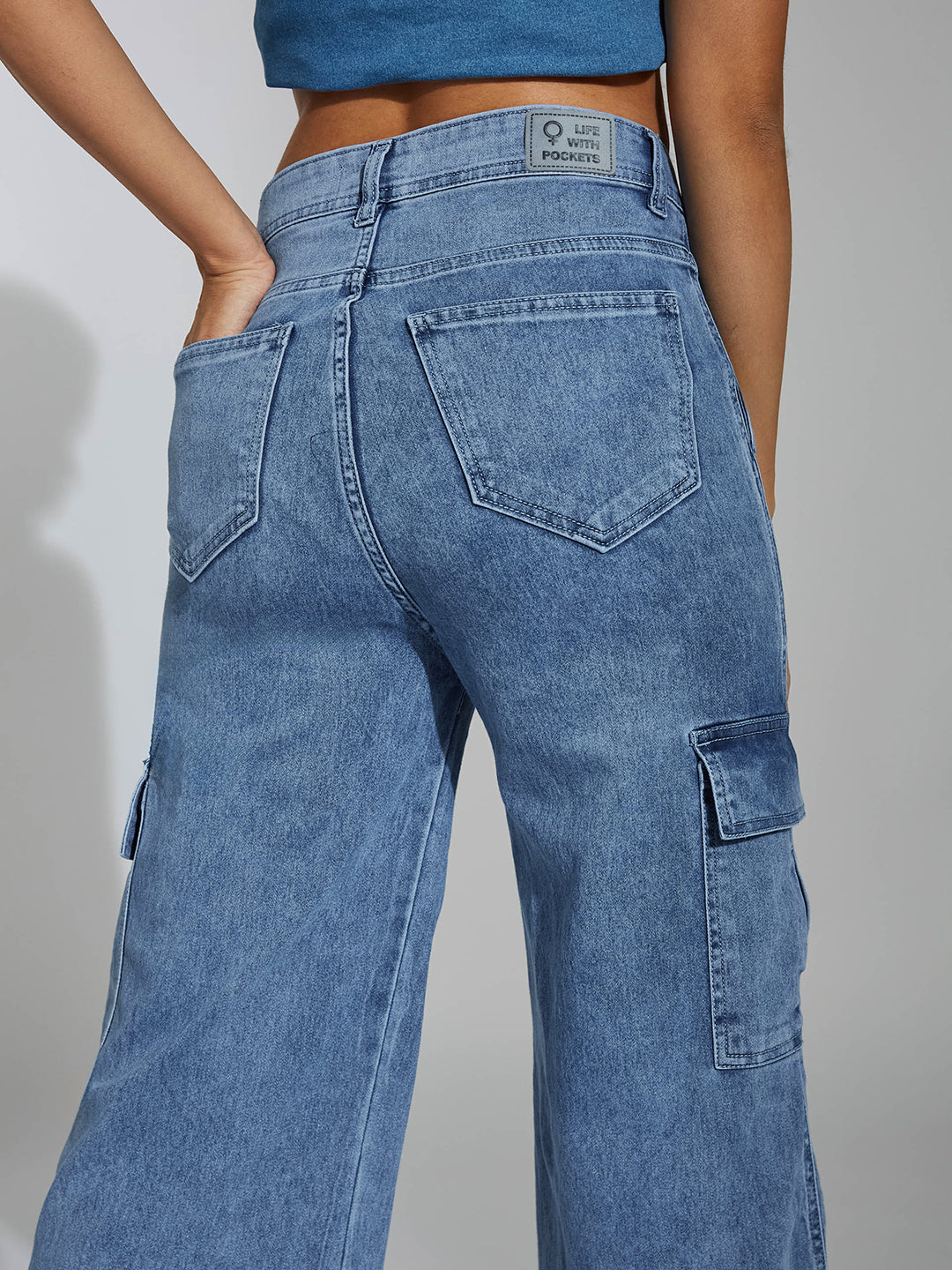 Women's Mid Blue Wide-Leg High-Rise Clean-Look Stretchable Denim Jeans