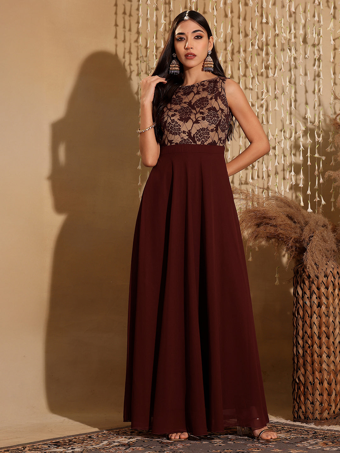Women's Beige & Wine Round Neck Sleeveless Georgette Floral Lace Fit & Flare Maxi Dress