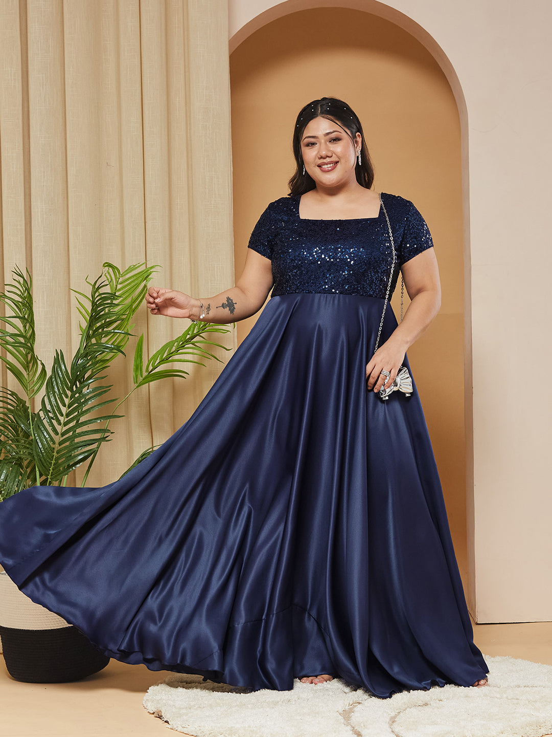 Navy Blue Square-Neck Short-Sleeves Embellished Polyester Fit & Flare Maxi Dress for Women