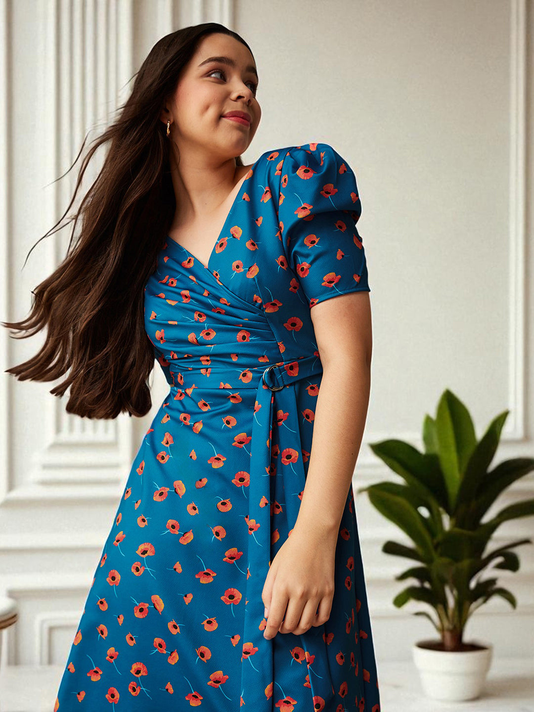 Multicolored-Base-Blue V-Neck Pleated Puff Sleeve Floral Patterned Wrap Midi Polyester Dress for Girls/Teenagers for Women — Mizuki