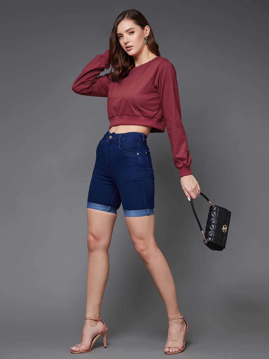 Women's Maroon Round Neck Full Sleeves Solid Crop Top