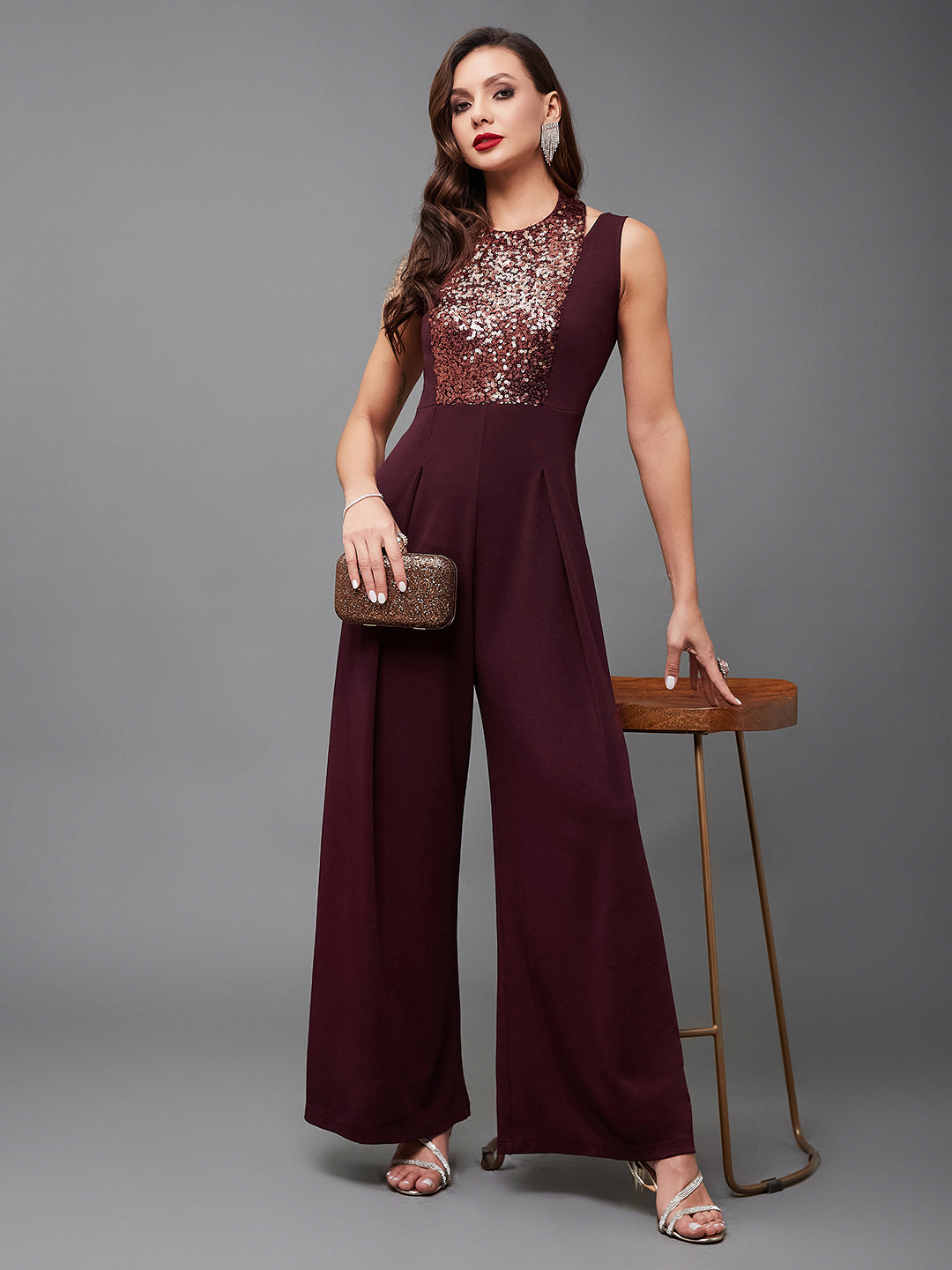 Crease Ease Cocktail Women's Wine Color Halter Neck Sleeveless Solid Pleated Sequin Panelled Jumpsuit