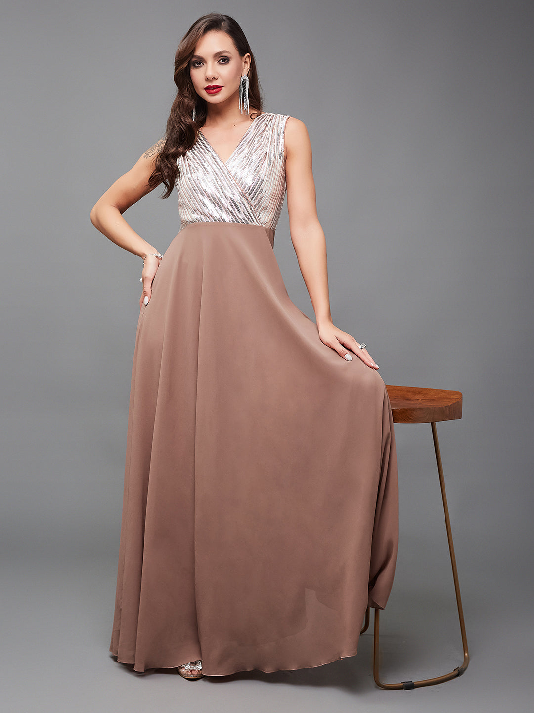 Women's Dusty Peach V-Neck Sleeveless Embellished Wrap Maxi Georgette Dress