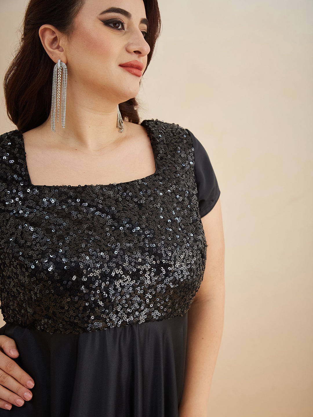 Black Square Neck Short Sleeve Embellished Polyester Fit & Flare Maxi Dress for Women