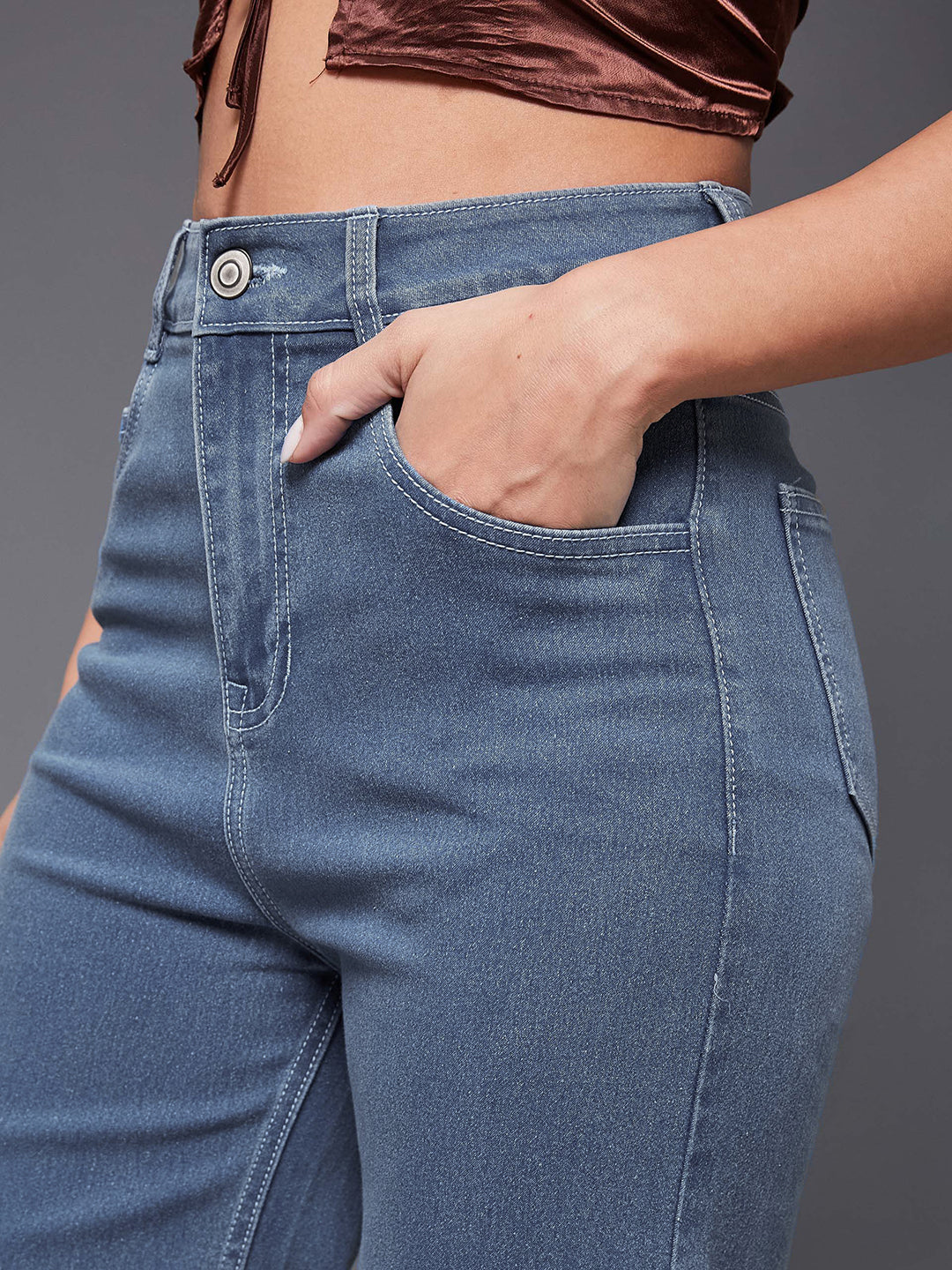 Blue Wide-Leg High-Rise Clean Look Stretchable Denim Jeans for Women