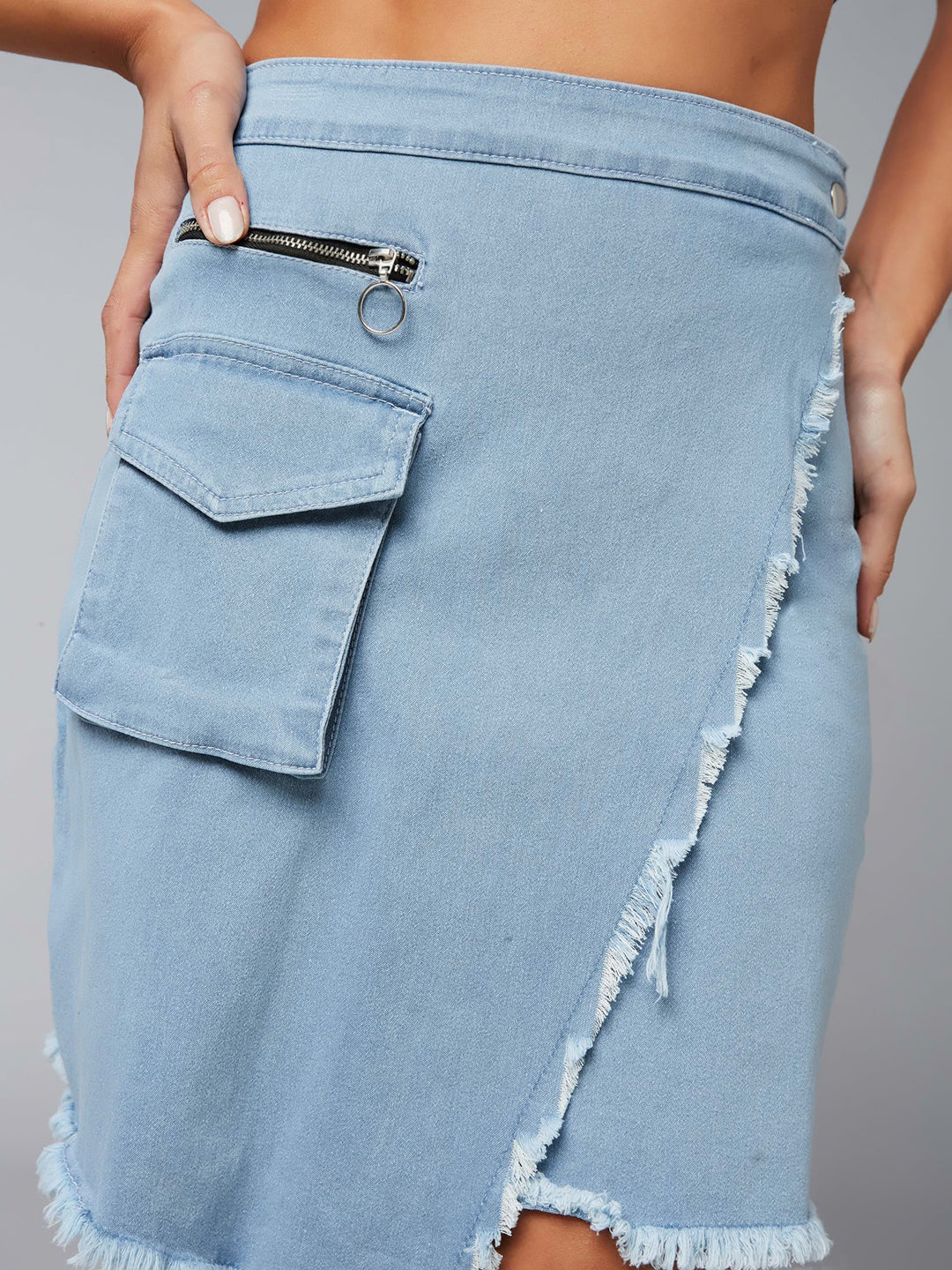 Women's Light Blue High Rise Above Knee Stretchable Denim Skirt