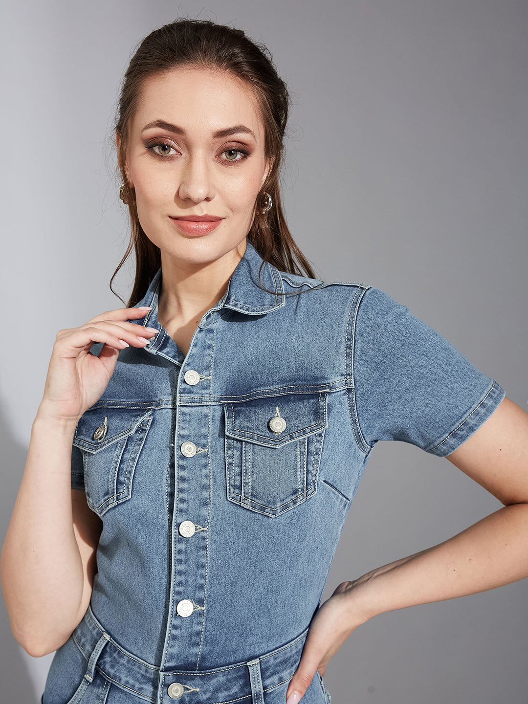 Women's Blue Flared High-Rise Regular Stretchable Denim Jumpsuit